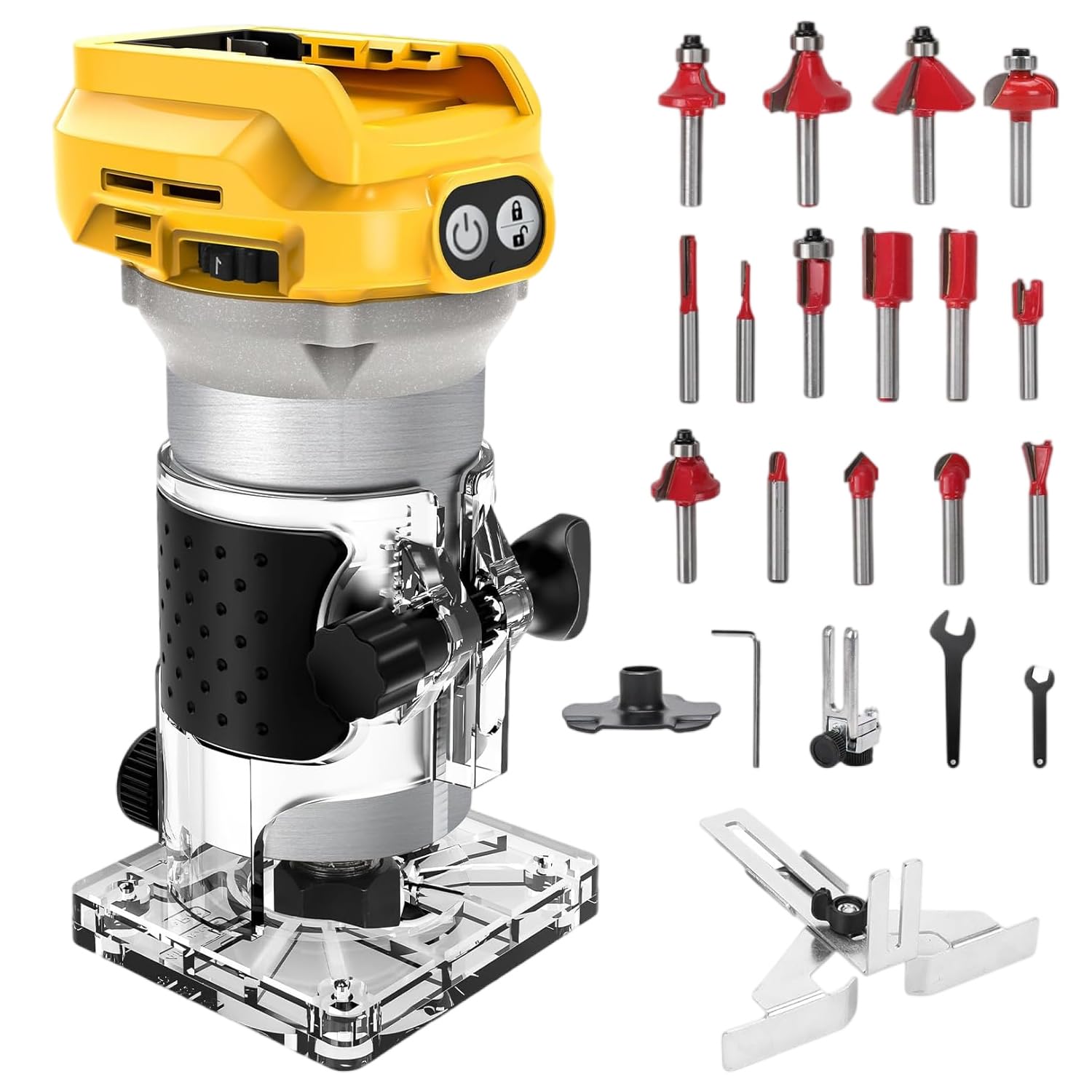 Fresadora superior Compatible con la batería Dewalt 20V, fresa sin escobillas de 1300W, recortadora, fresa de una mano de 6 velocidades, rueda guía, guía recta, 15 fresas y 2 llaves (sin batería)