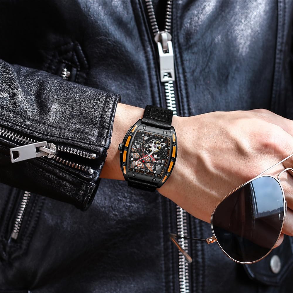 Guanqin Montre mécanique à remontage automatique japonais pour homme avec motif toile d'araignée innovante, saphir, double face, creux, étanche, en forme de tonneau