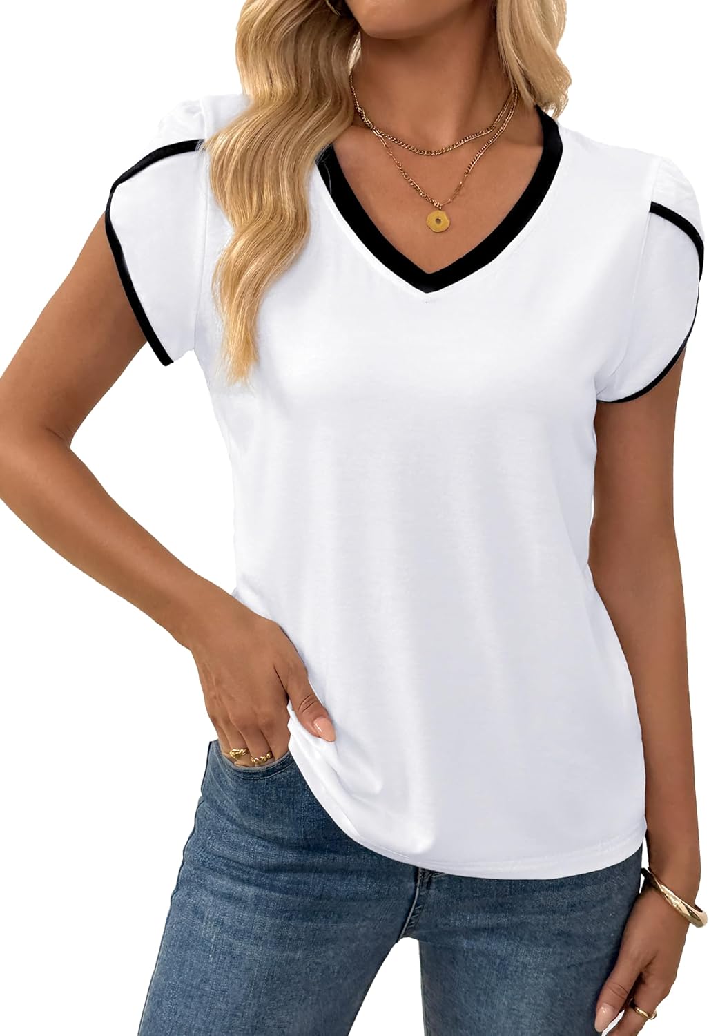 Hilinker Womens V Neck Petal Short Sleeve T Shirts Summer Casual Color Block Tops - Image 2