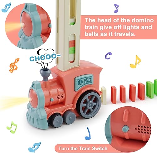 Miniatura 5 de Gooswexmzl Juego de juguetes de tren de dominó, juego de 200 bloques de dominó, divertido y colorido tren de rally de dominó, bloques de juguete de