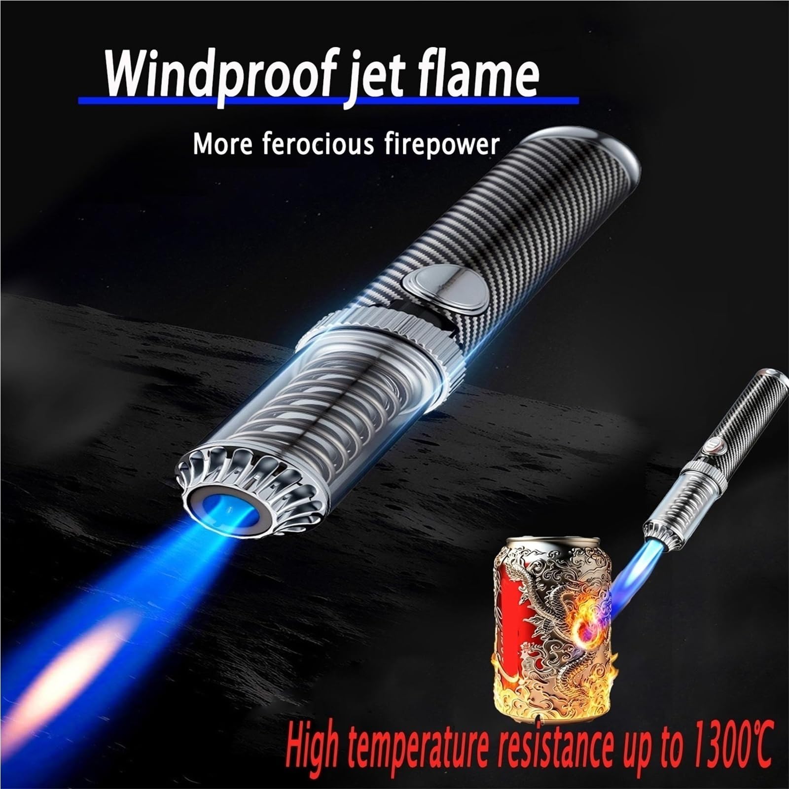 Encendedor de metal resistente a altas temperaturas, llama azul resistente al viento con bloqueo de seguridad, butano recargable para acampar al aire libre y viajes
