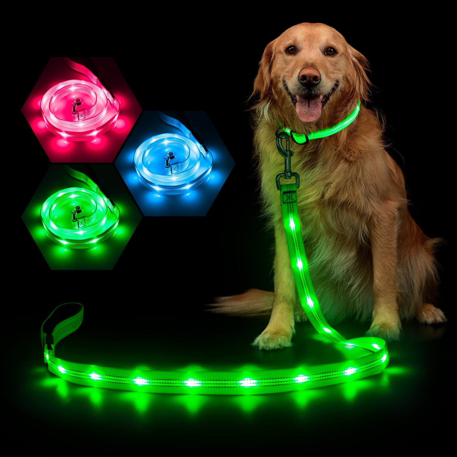 Weesiber Glowing Light Up LED Dog Leash - 4ft USB Rechargeable Flashing Nylon Leash for Small Medium Large Dogs, 3 Flash Modes (Green)