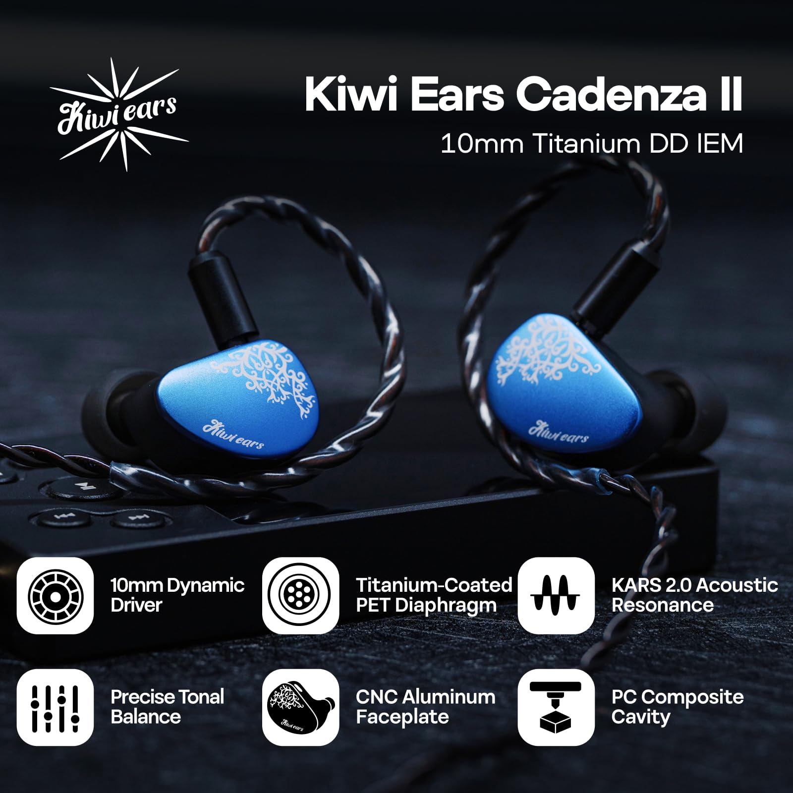 Linsoul Kiwi Ears Cadenza II 10 mm tytanowy przetwornik douszny, przewodowe słuchawki douszne HiFi z KARS 2.0, precyzyjna równowaga tonów, aluminiowa płytka czołowa CNC dla muzyków (Blue)