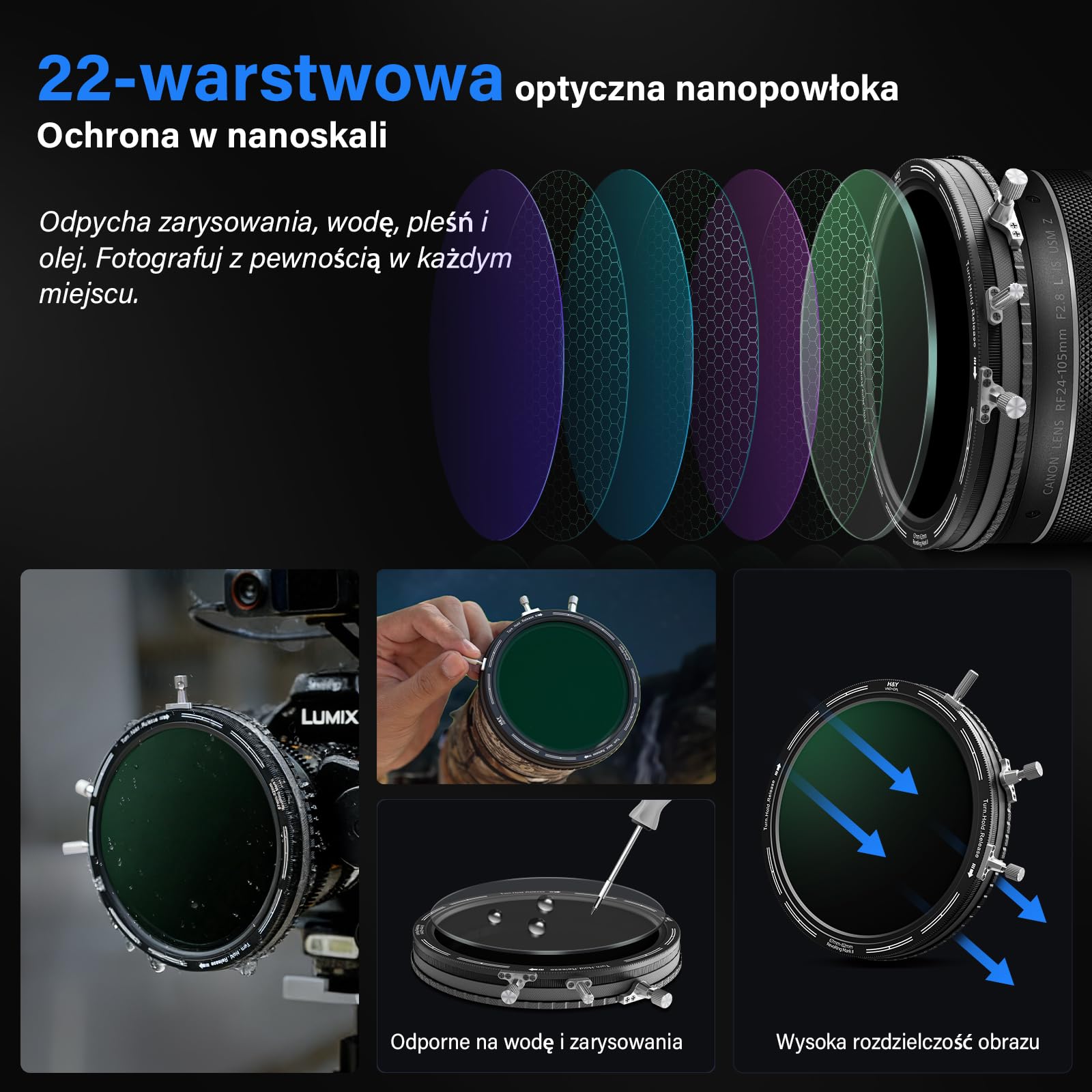 H&Y RevoRing MKⅡ 58 mm 62 mm 67 mm 72 mm 77 mm Filtr ND o zmiennej gęstości i polaryzator CPL, filtr obiektywu 3 w 1 VND (ND3-1000) z regulowanym pierścieniem adaptera, 22 wielowarstwowa powłoka nano