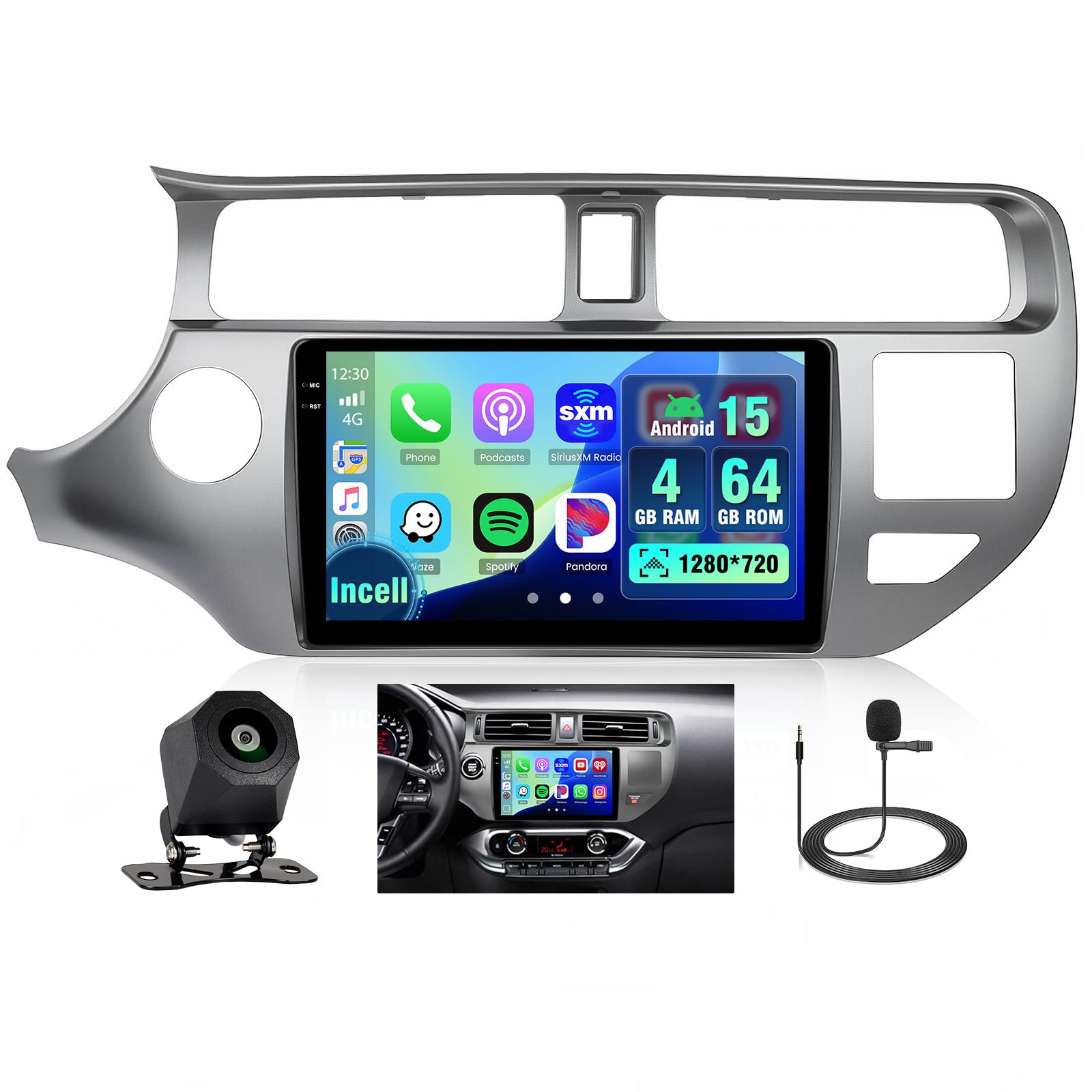 4+64G Android Autoradio mit Bildschirm für KIA Rio 2012-2015 Wireless Carplay, Autoradio mit Navi 9 Zoll Incell Bildschirm Android Auto/FM/RDS/Rückfahrkam
