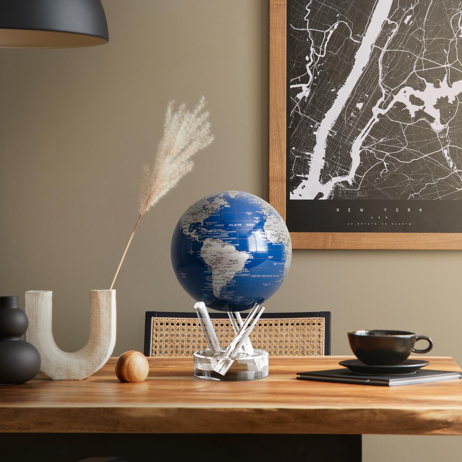 Globe MOVA – Terre Bleu et Argent 11,5 cm | Globe Rotatif avec Lumière pour Bureau, Étude ou Cadeau | Sans Piles ni Câbles