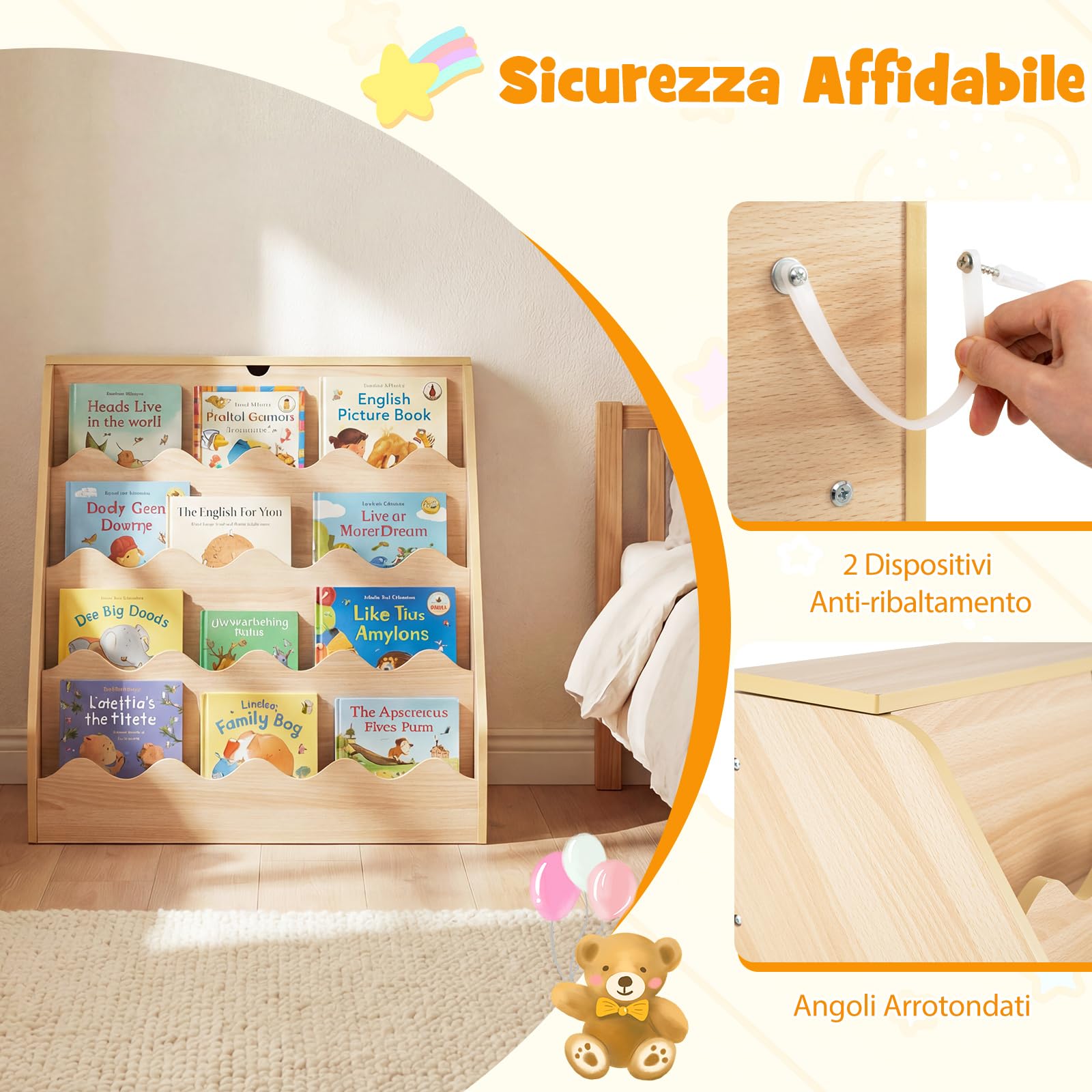 COSTWAY Libreria Montessoriana per Bambini 2in1, Scaffale per Libri a 4 Livelli con Carrello Portagiochi, Vano con Coperchio Ribaltabile, per Cameretta e Stanza dei Giochi, 63x49x61,5 cm (Naturale)