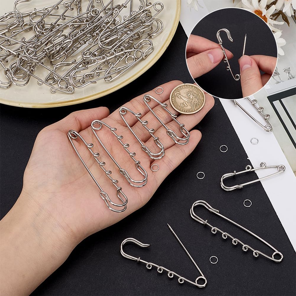 PH PandaHall 40pcs Safety Pins with Loops Heavy Duty Safety Pins for Charms, Metal Brooch Pin with 140pcs Jump Rings for DIY Crafts Jewelry Making Clothes Blankets Skirts Hats