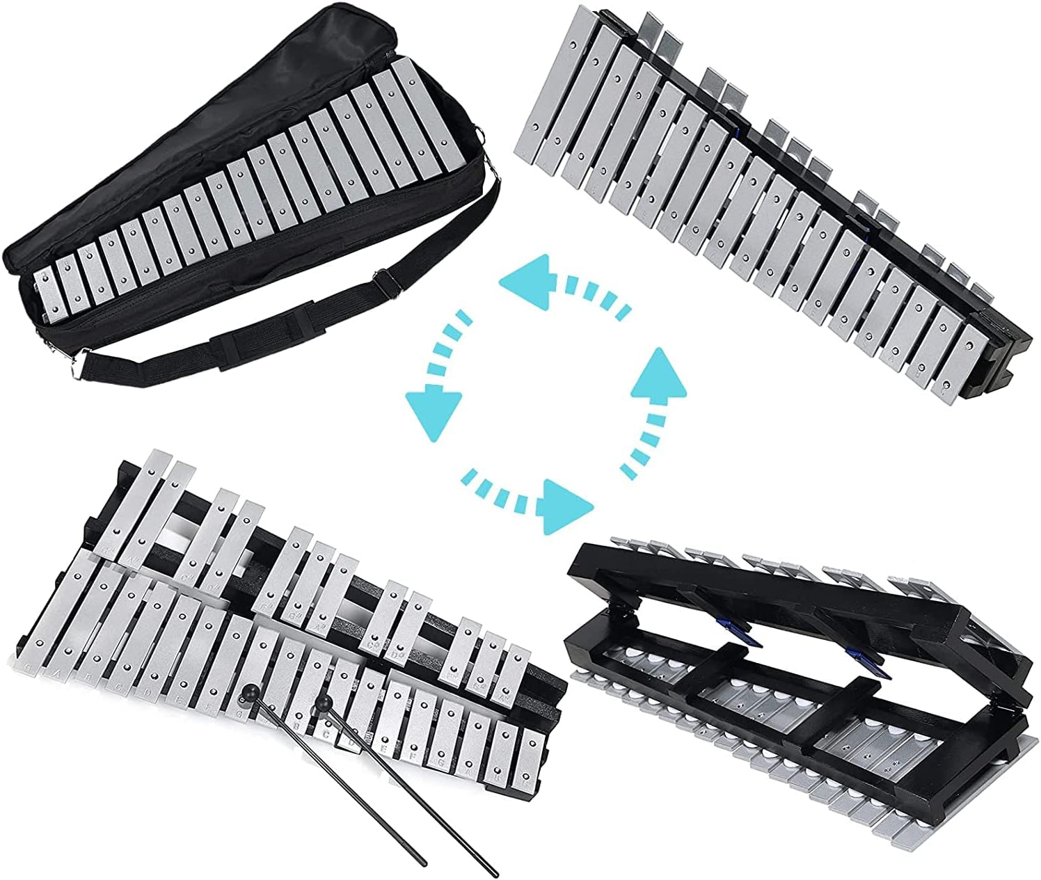 MIRIO 30 Notes Foldable Glockenspiel Xylophone Percussion Set, Glockenspiel Bell Kit With Carry Bag, Mallets for Beginner/Professional, Children Educational Percussion Musical Instrument (Silver) : Musical Instruments