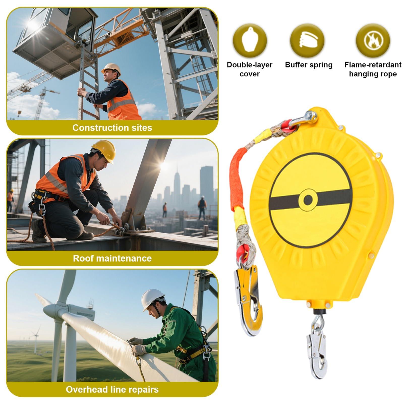 Dispositivo Anticaida Retractil, Arnes Linea de Vida Retráctil Homologado 3-20m, Verde/Amarillo Arnes Seguridad Anticaidas Retractil Trabajo en Tejados/ Altura(Amarillo,10 Metros)