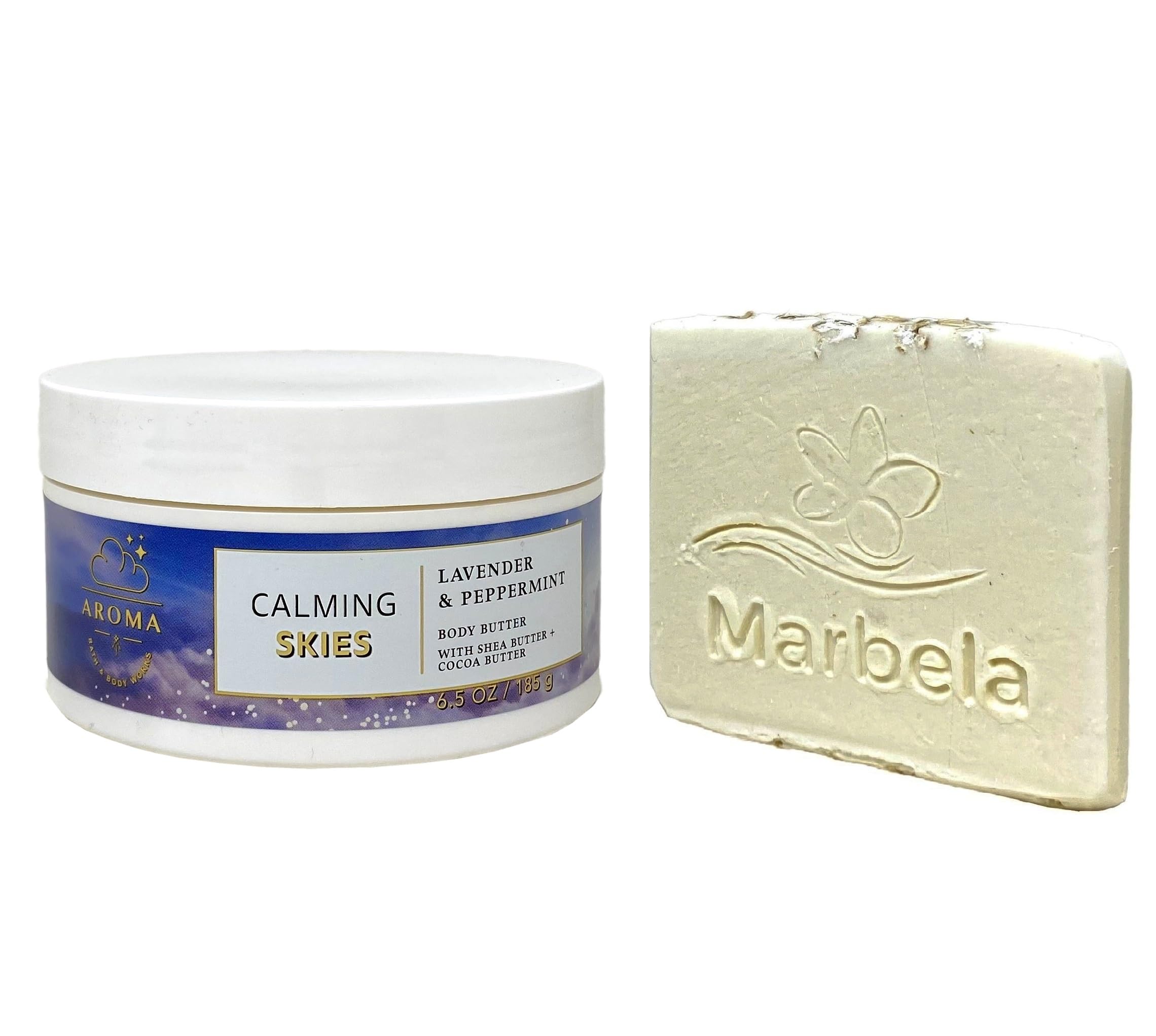 Bath & Body Works Aroma Calming Skies Lavender Peppermint Body Butter with a Natural Oats Sample Soap