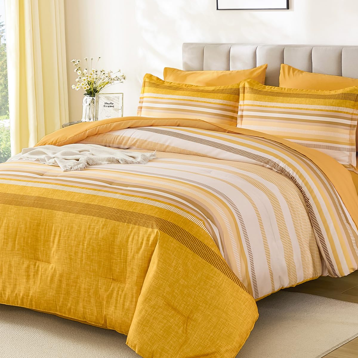 Dobuyly Yellow Striped Queen Comforter Set