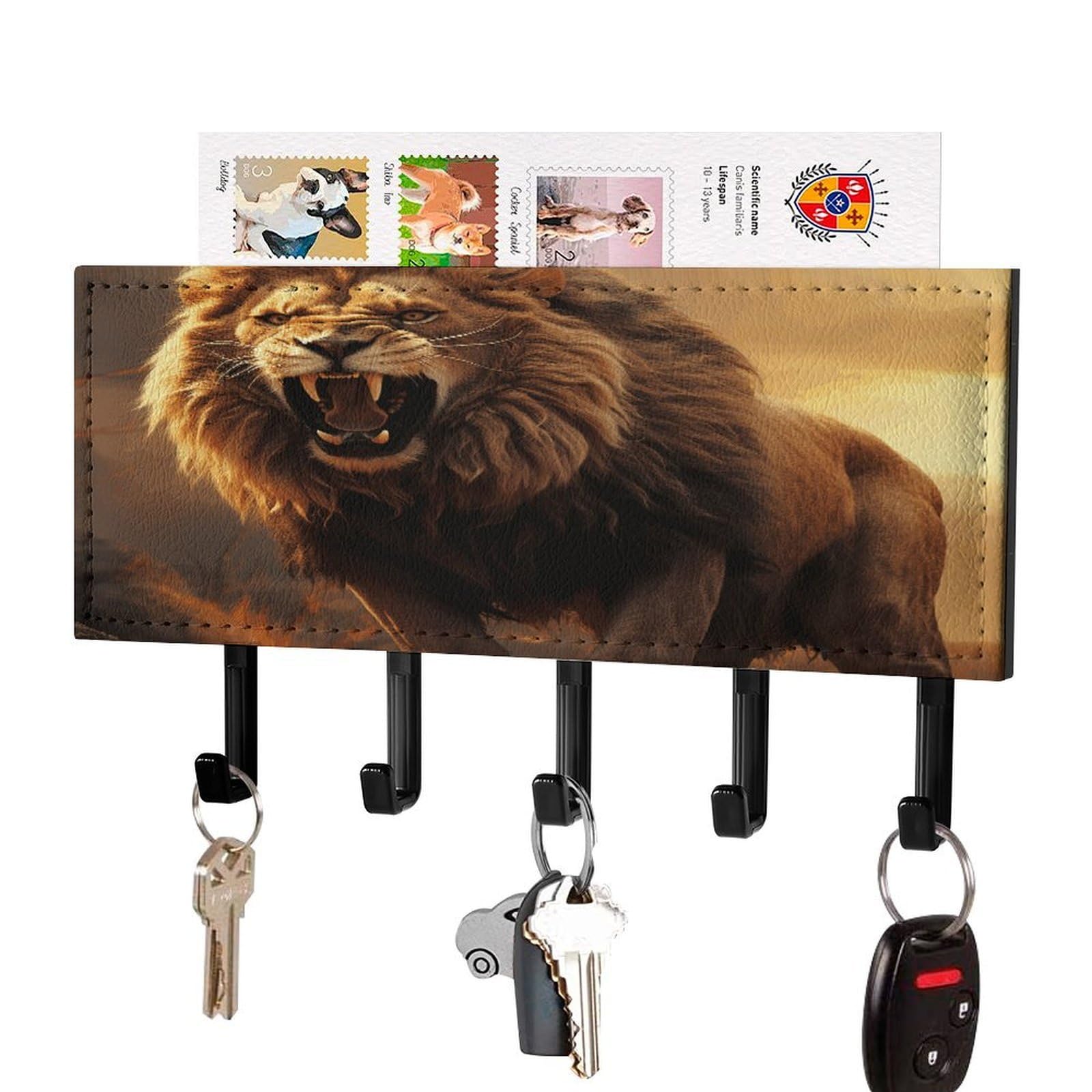 Vstadank Black-Style Angry Roaring Lion Key Holder Wall Mount Easy Installation Key Racks With Tray Farmhouse Wall Shelf With 5 Hooks Self Adhesive Key Hanger And Mail Holder For Entryway Home Decor