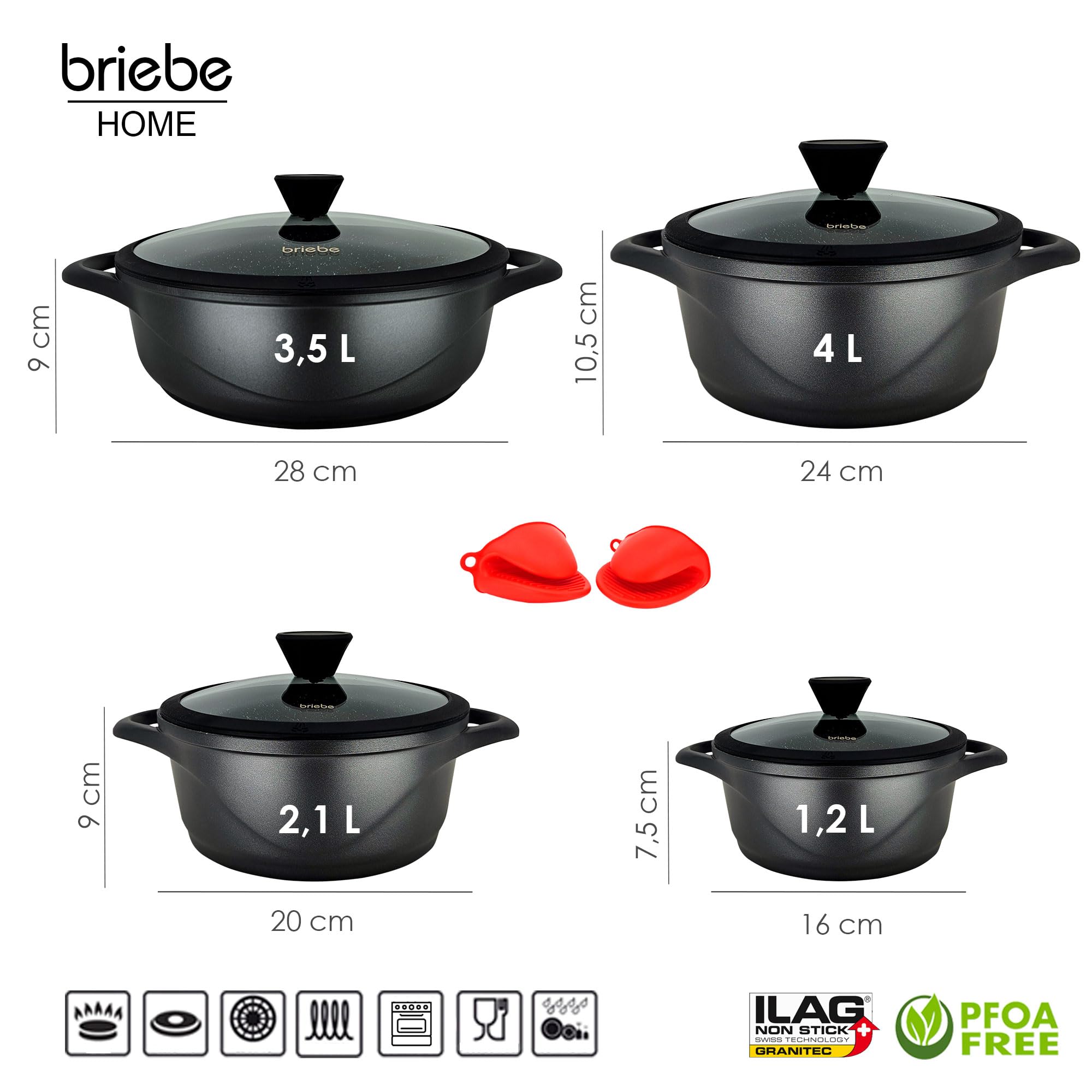 briebe ILAG GRANITEC nieprzywierający, zestaw garnków i pokrywek, 4 odlewane aluminiowe naczynia, zestaw garnków i pokrywek, szklane, silikonowe rękawiczki, płyta ceramiczna, gaz, piekarnik, MGK-17S