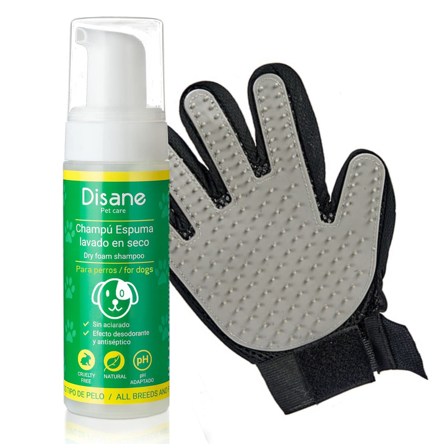 DISANE Champú Seco + Manopla | Sin Necesidad de Agua ni Aclarado | Retira Suciedad y Exceso de Pelo | 200 ML | Formato Espuma + Guante Manopla | Elimina Caspa y Malos Olores Perro
