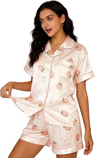 Venzina® Women's Short Sleeve Satin Pajama Shorts Set | 3 Styles: Lace Trim, All-Over Floral & Cartoon Print| Soft Nightwe...