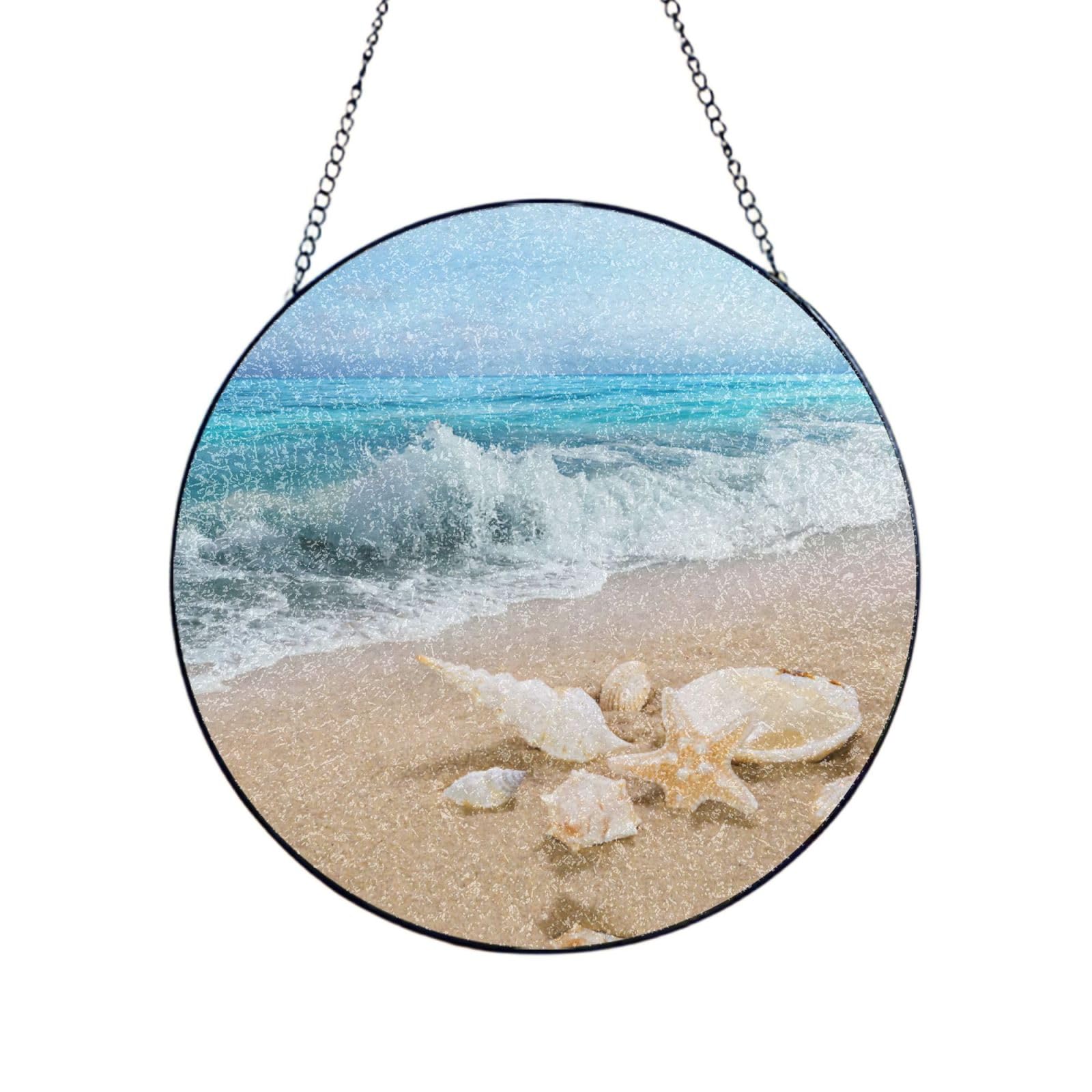 Phayah Beach Seashell Starfish Print Stained Glass Window Hanging Suncatcher For Door Terrace Garden Home Decor Sun Catcher Birthday Gifts For Lovers Dad Mom 8in（20cm）