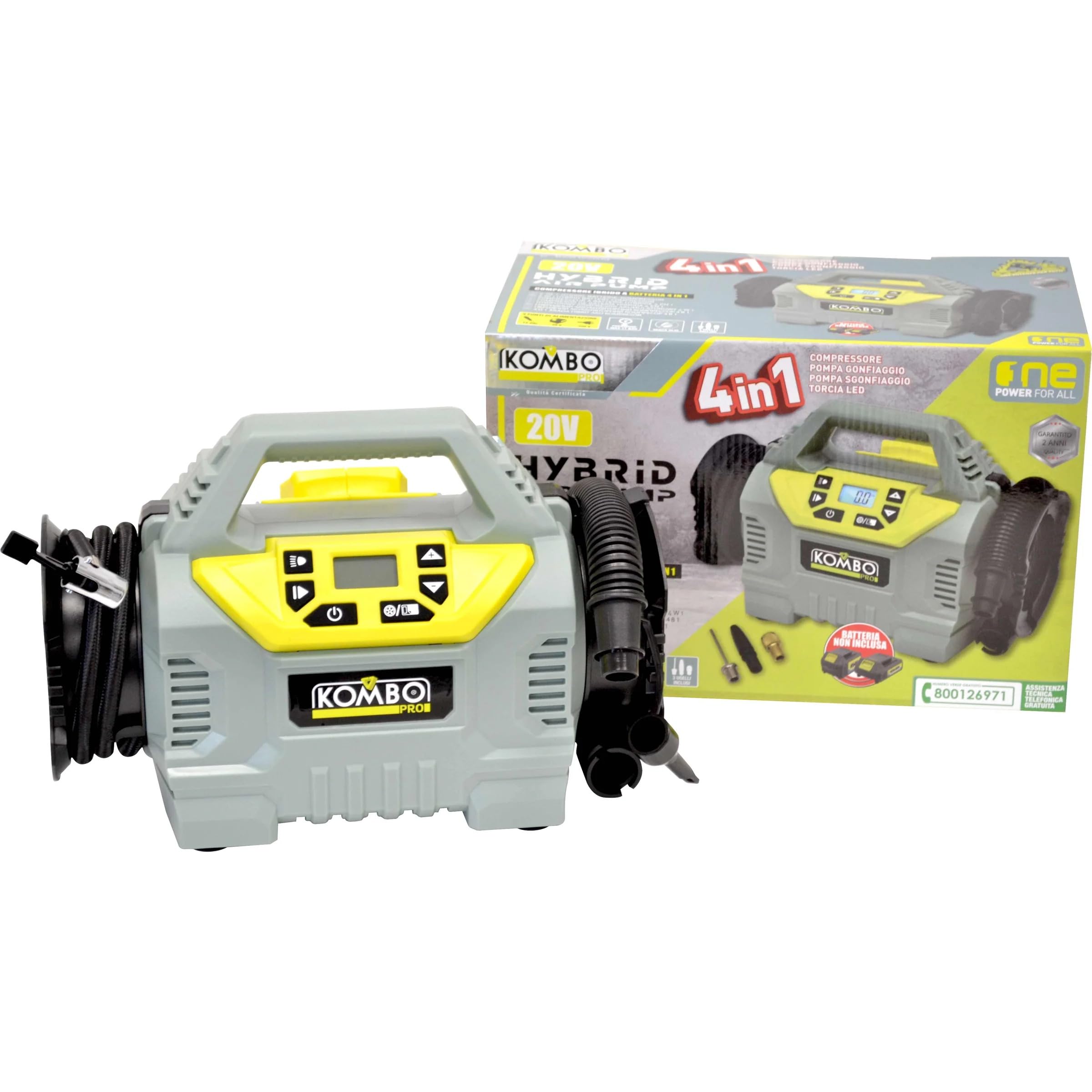 KOP014 20V Compressore Cordless 4in1 a Batteria | Ibrido Tripla Alimentazione 220V/12V/Batteria | 11 Bar, Display Digitale, Luce LED | Gonfiatore Portatile Auto, Moto (Senza Batteria)