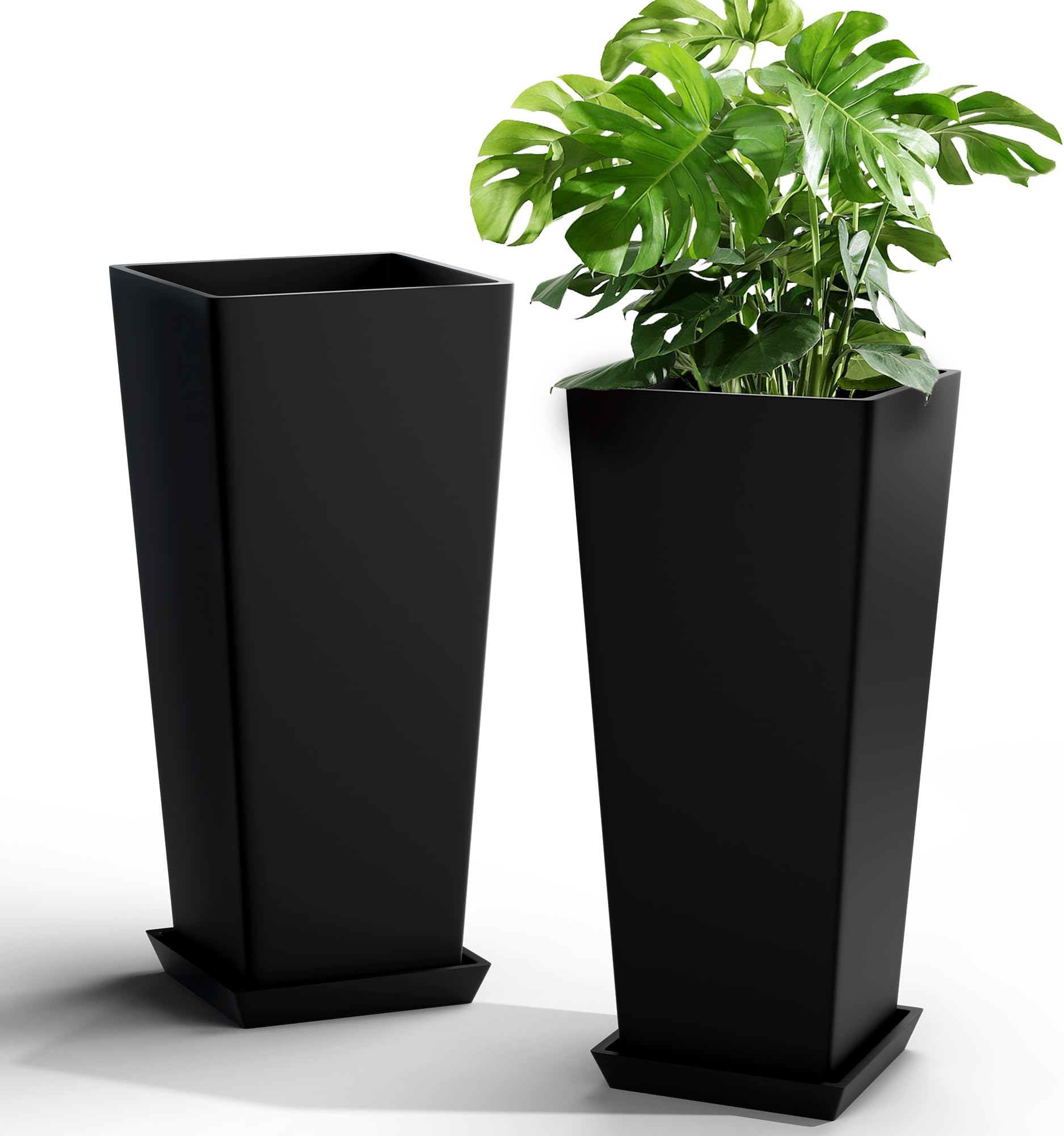 Elevens Set of 2 Tall Outdoor Planters 24 Inch, Large Planters for Indoor Outdoor Plants, Tapered Square Flower Pots with Tray for Patio,Black