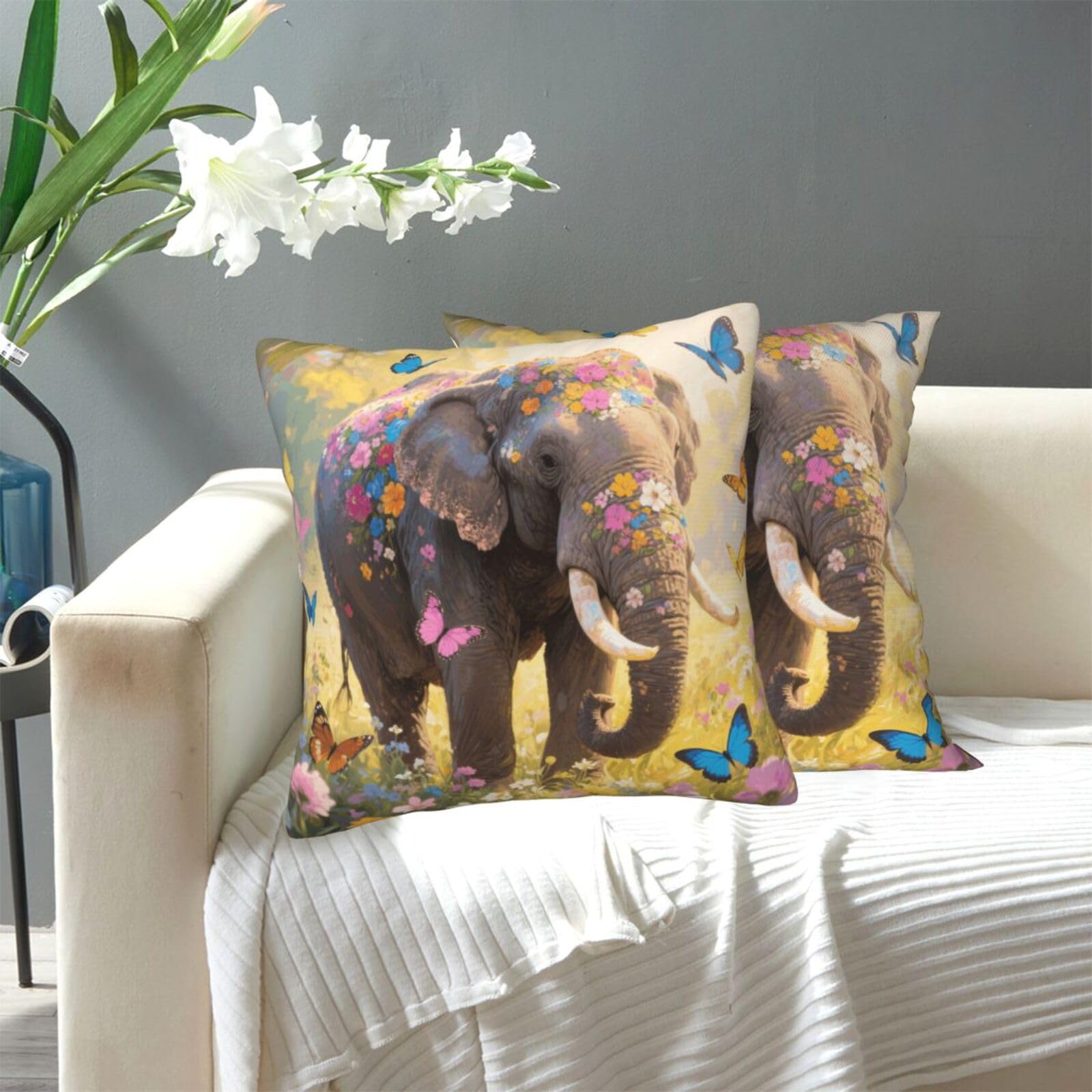 FekiLoot Decorative Throw Pillow Covers Modern Farmhouse Pillowcase Double Sided Cozy Cushion Cover for Sofa Couch Bed 16"X16" Butterfly Elephant