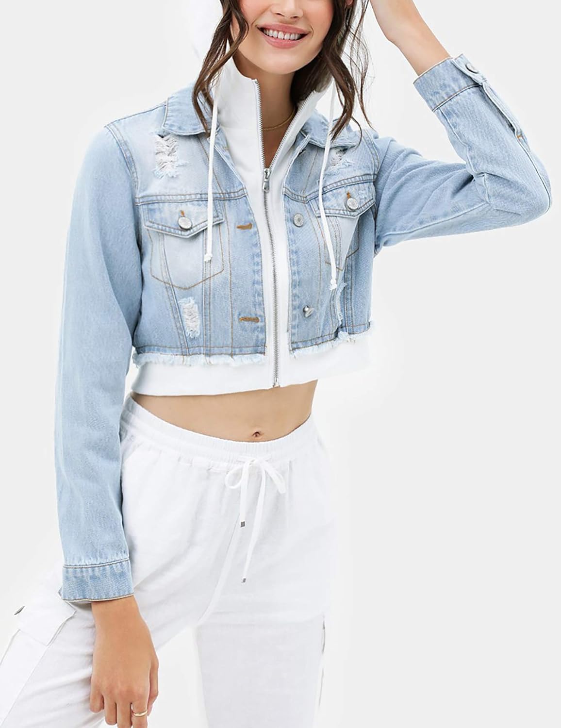 Cropped jean jacket with hoodie Clearance
