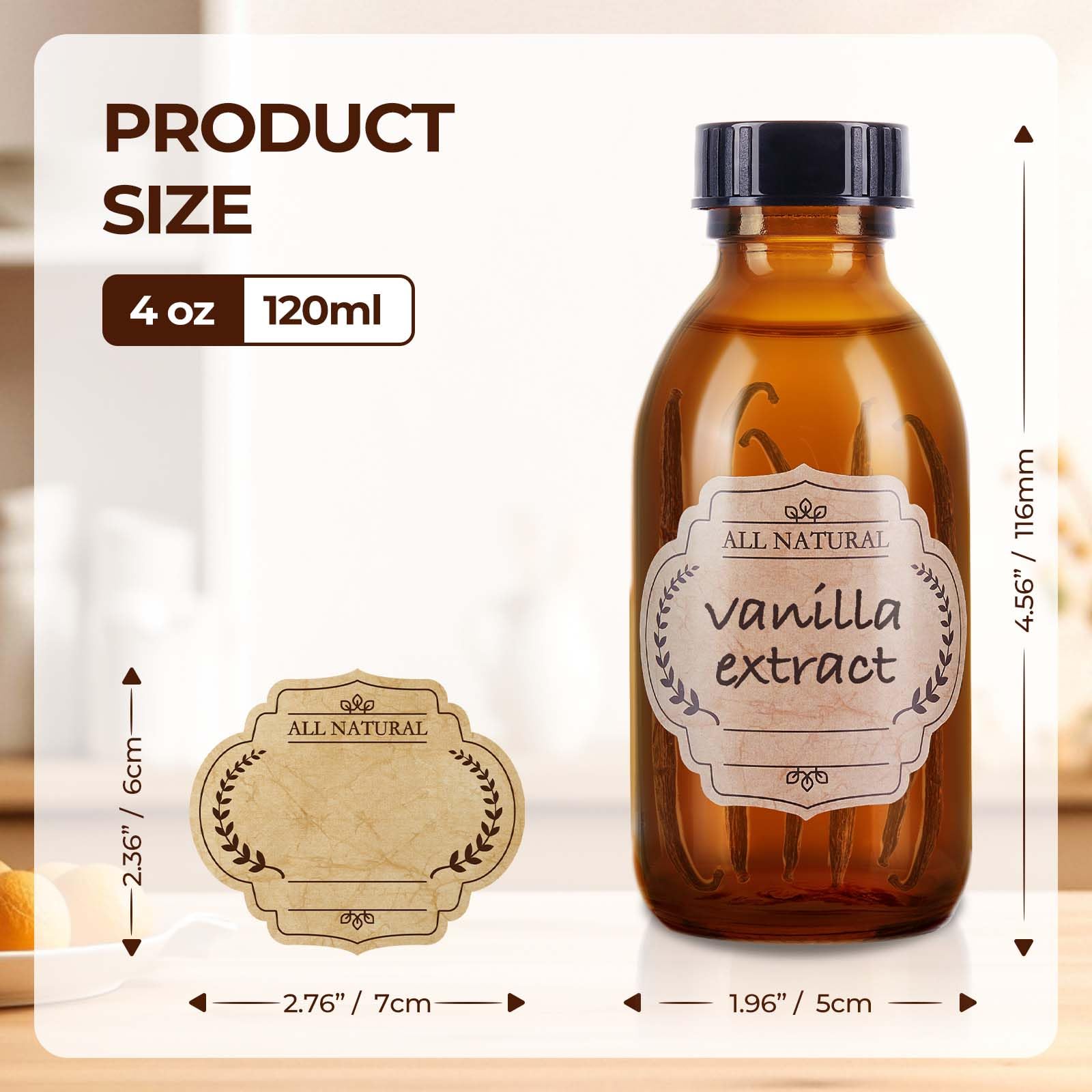 54 Pack 4 oz Boston Glass Bottle with Cap, Empty Glass Bottles for Homemade Vanilla Extract, Essential Oils, Juice, Potion, Syrup, Liquids, Christmas, Holiday Gift (Brown)