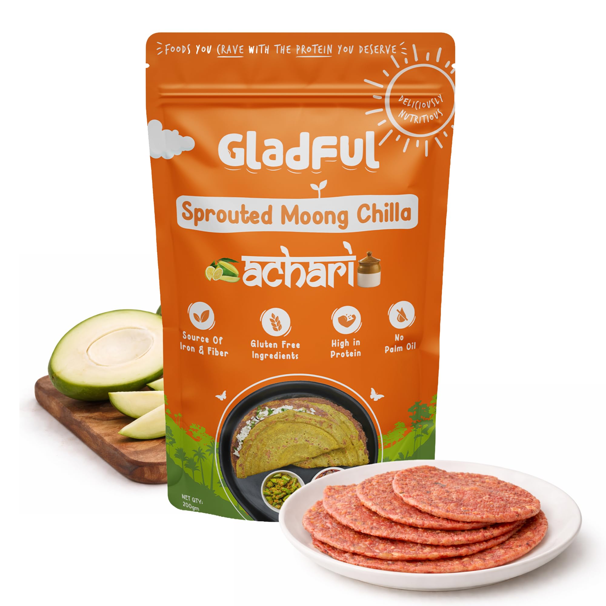 Gladful Achari Chilla Mix - Low GI, Diabetes-Friendly & Gluten-Free - No Maida, Palm Oil & Trans-Fat - Vegan & High-Protein Chilla/Dosa Mix - Anytime Snack for Kids & Family - Pack of 1 (200g)