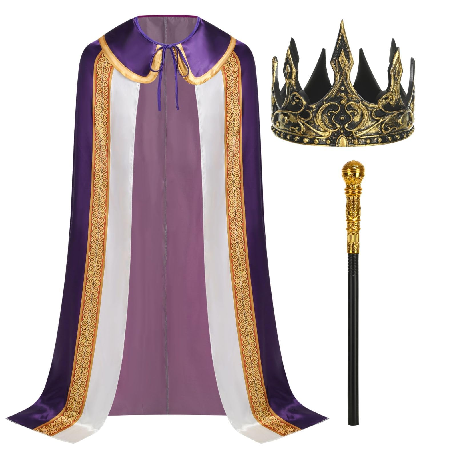 RRCBMD Adult King Cape for Men 3PCS Medieval Royal Robe with Crown Scepter Halloween LARP Cosplay (Purple,170CM)