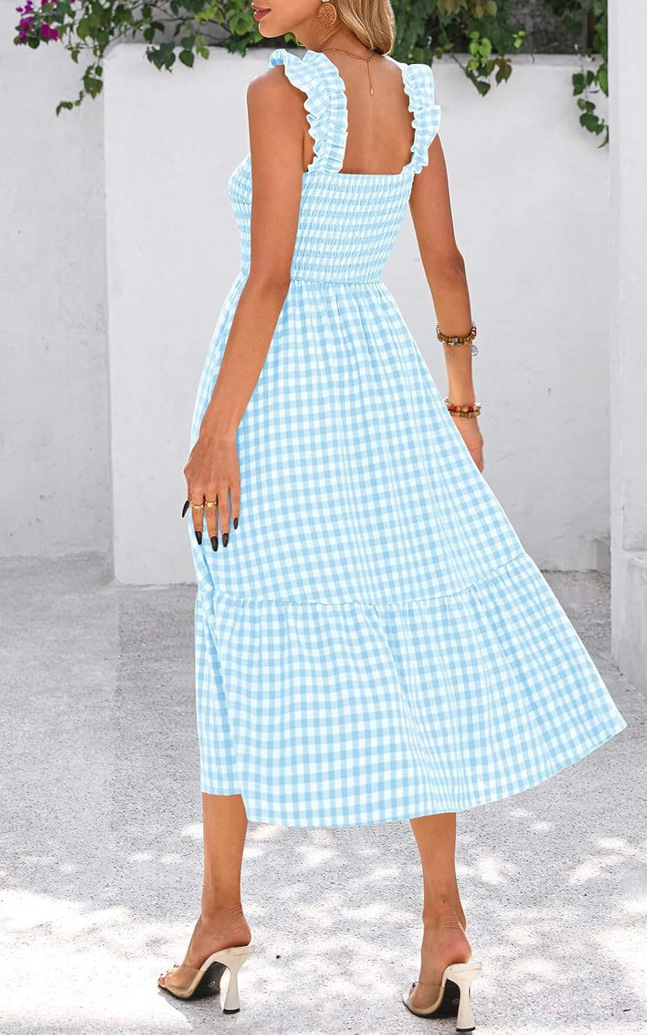 PRETTYGARDEN Womens Summer Dress Casual Square Neck Ruffle Strap Gingham Smocked Midi Flowy A Line Beach Vacation Sun Dresses - Image 4