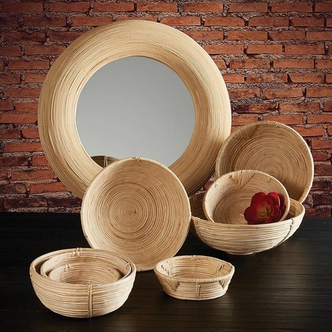 47th & Main Modern Mirror Round Woven Hanging Mirror for Wall Décor, 23.8" Dia, Light Bamboo