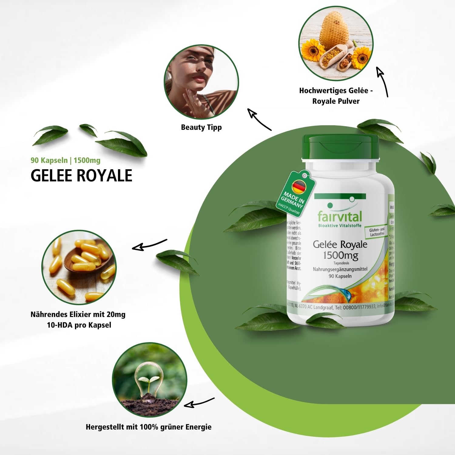 fairvital Gelée Royale 1500mg, 90 Kapseln, schluckfreundlich, HOCHDOSIERT, standardisiert auf 4% 10-HDA