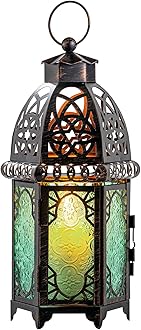 DECORKEY Moroccan Decorations for Home, 12.8’’ Vintage Metal Tabletop Candle Lantern, Spring Style Decorative Hanging Lantern, Christmas Halloween Candle Holders for Indoor Outdoor Patio Decor (Green)
