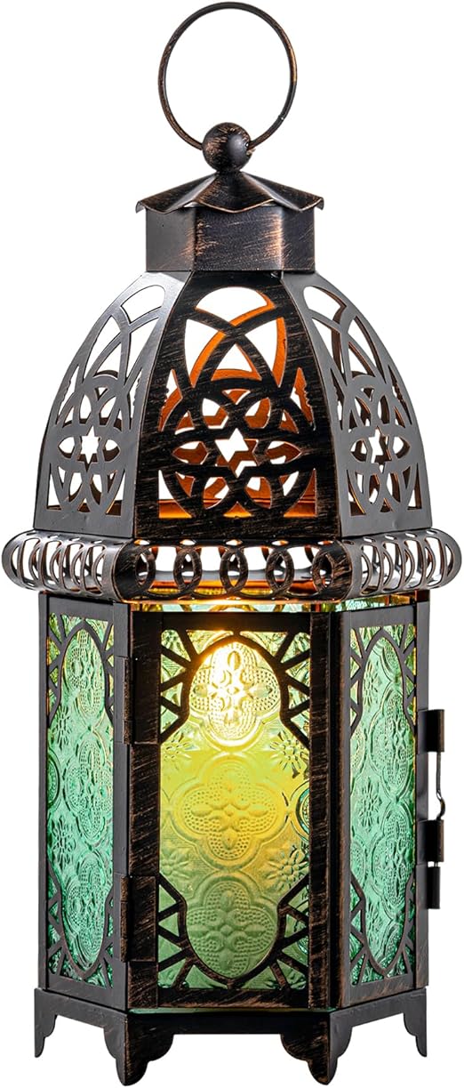 DECORKEY Moroccan Decorations for Home, 12.8’’ Vintage Metal Tabletop Candle Lantern, Spring Style Decorative Hanging Lantern, Christmas Halloween Candle Holders for Indoor Outdoor Patio Decor (Green)
