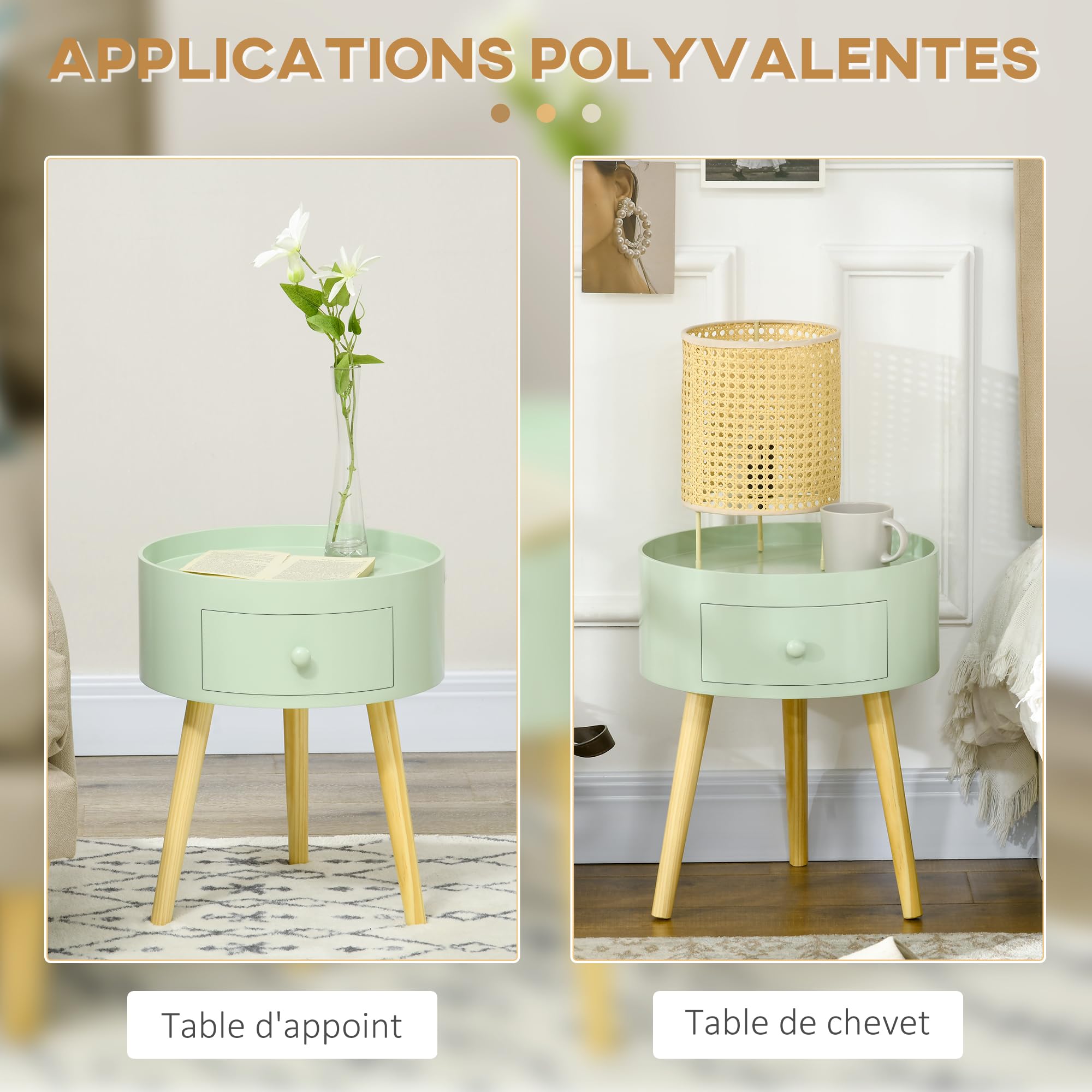 HOMCOM Tavolino da caffè - Tavolino rotondo con cassetto, Verde | Design scandinavo, tavolino da salotto, gambe affusolate e angolate, legno massello