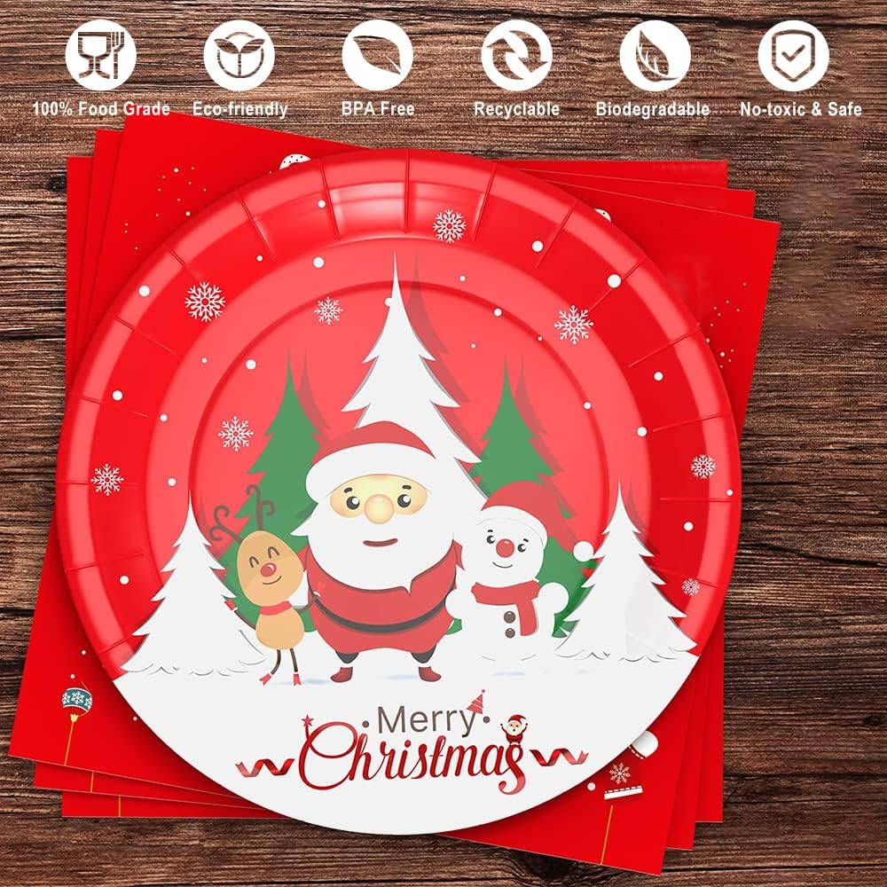 Btmooz Christmas Decorations, Christmas Party Supplies, Christmas Plates, Christmas Party Plates Dinnerware Disposable Set Includes Christmas Paper Plates and Napkins, Christmas Tablecloth, Serves 24 : Home & Kitchen
