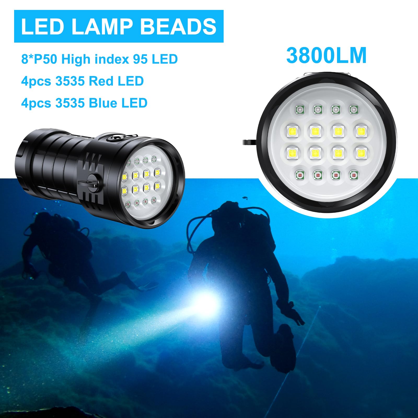 Siuyiu Dive Light 3800 Lumens, Scuba Diving Flashlight, 200M Underwater Video Light with 6 Modes, Scuba Flashlight IPX8 Waterproof, for Under Water Sports, Underwater Video Shooting and Photography ?
