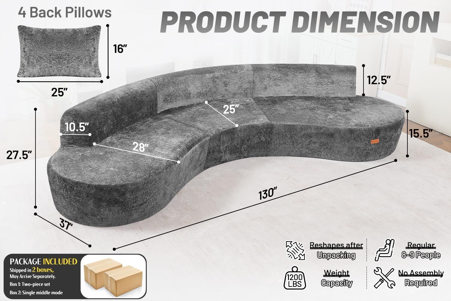 Homguava 130'' Modular Sectional Sofa,Curved Modern Sofa with Memory Foam,Deep Seat Cloud Couch with 4 Pillows,Upholstered Oversized Couches for Living Room Apartment Office,No Assembly Required-Grey