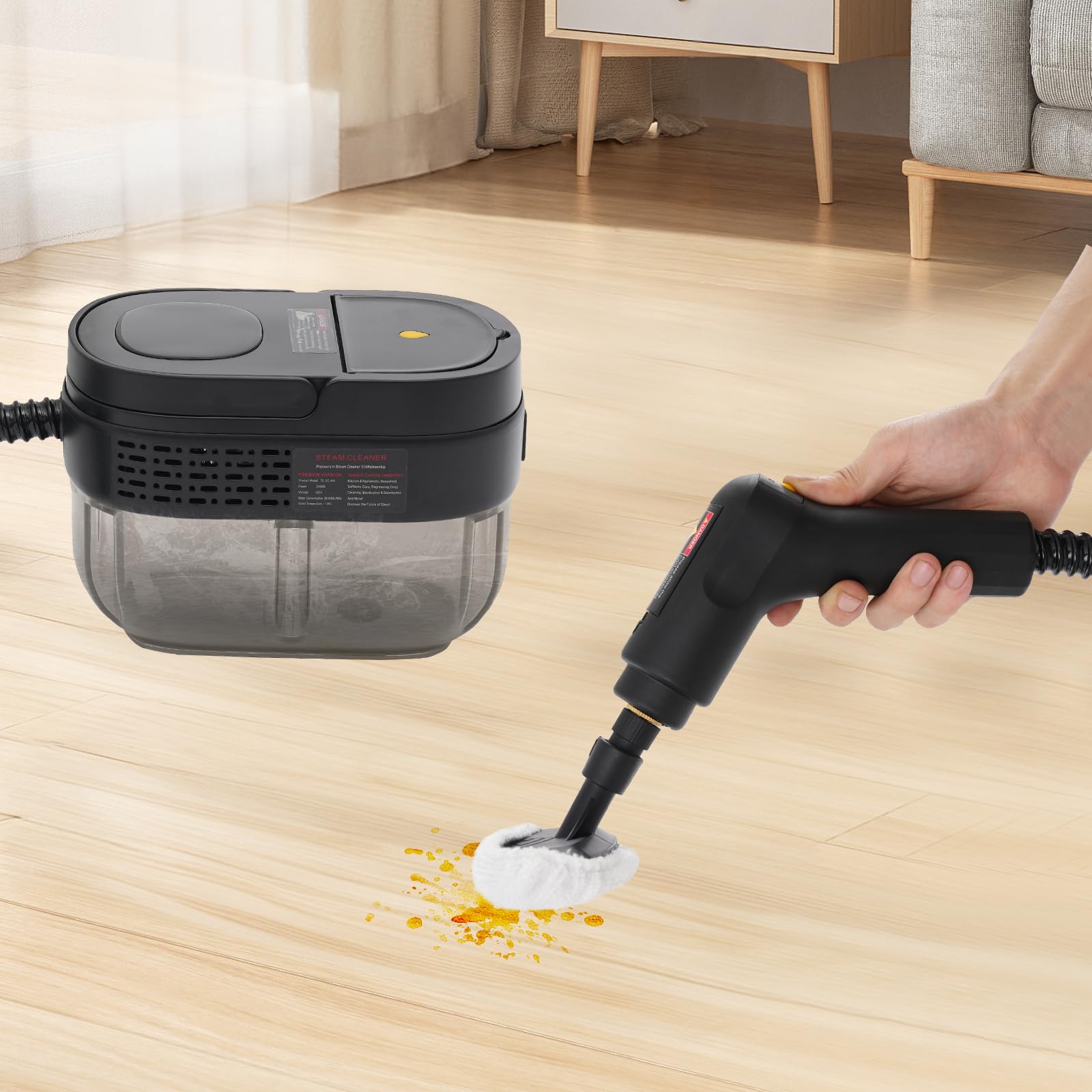Handdampfreiniger Hochtemperatur-Druck-Dampfreinigungsmaschine Schwarz | Kann als Dampfmopp, Autoreiniger, Bodenreiniger und Teppichreiniger verwendet werden.
