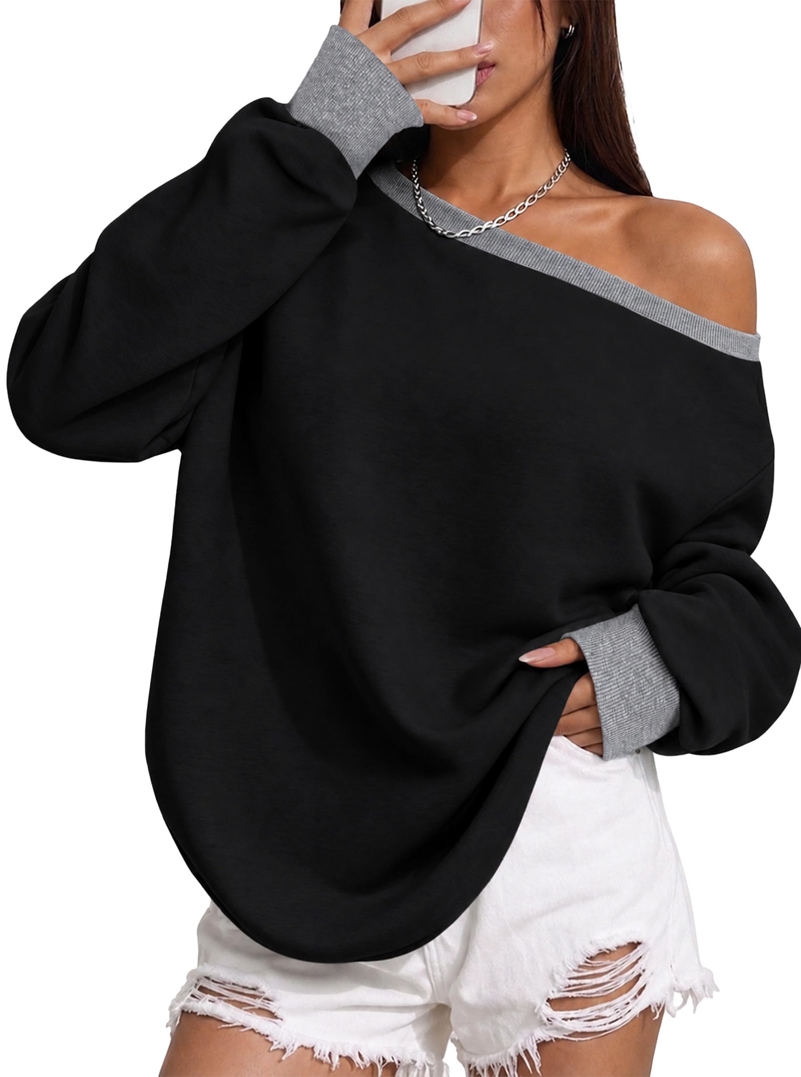 Remidoo Women's Off The Shoulder Sweatshirt Oversized Long Sleeve Top