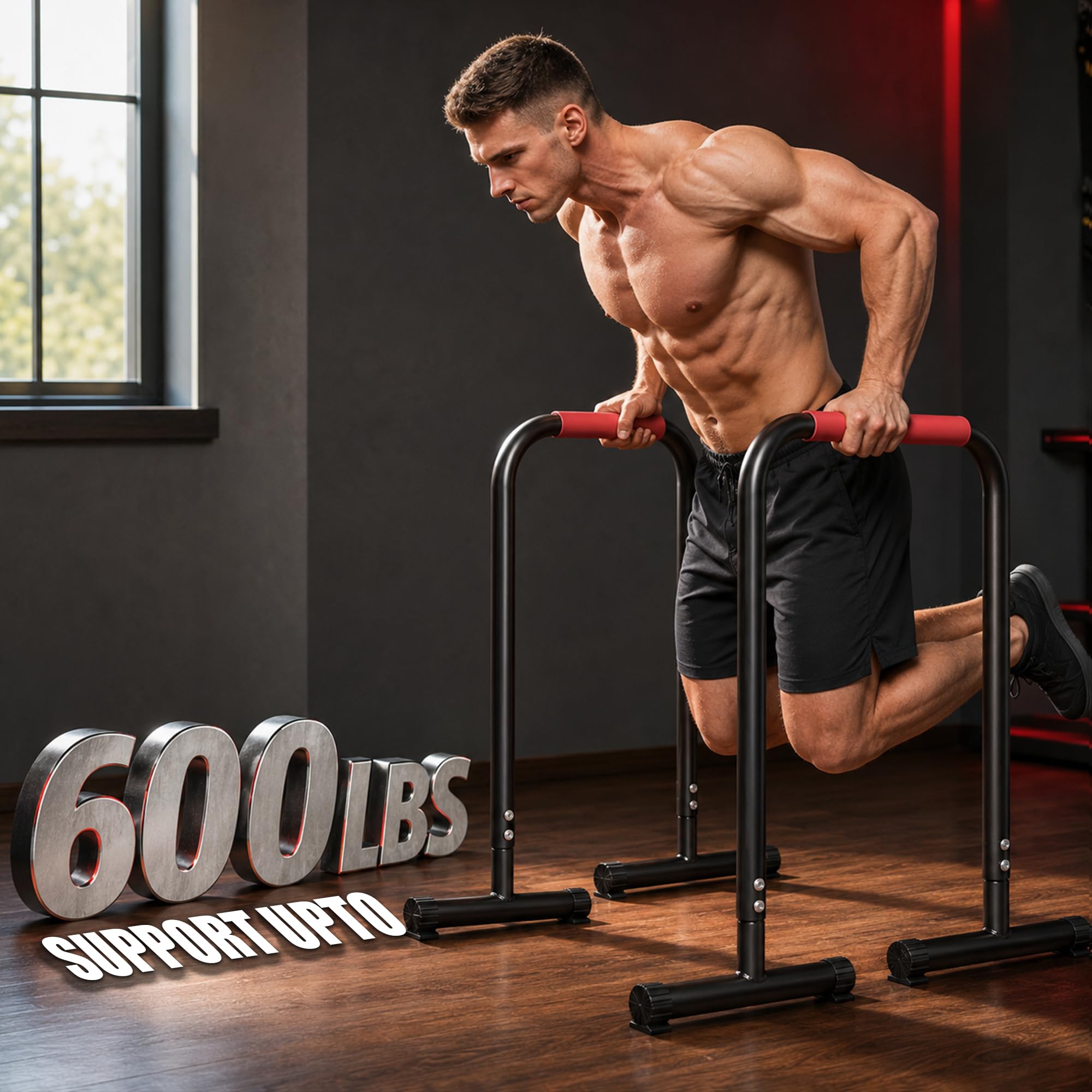 Max Strength Pro Dips Bar do dipów, podciągów nóg, Push Up i innych, wytrzymały materiał żelazny z szerokim wyściełanym uchwytem wysokość 70 cm, szerokość 60 cm, stopa 42 cm waga użytkownika do 120 kg sprawdzona bezpieczeństwo