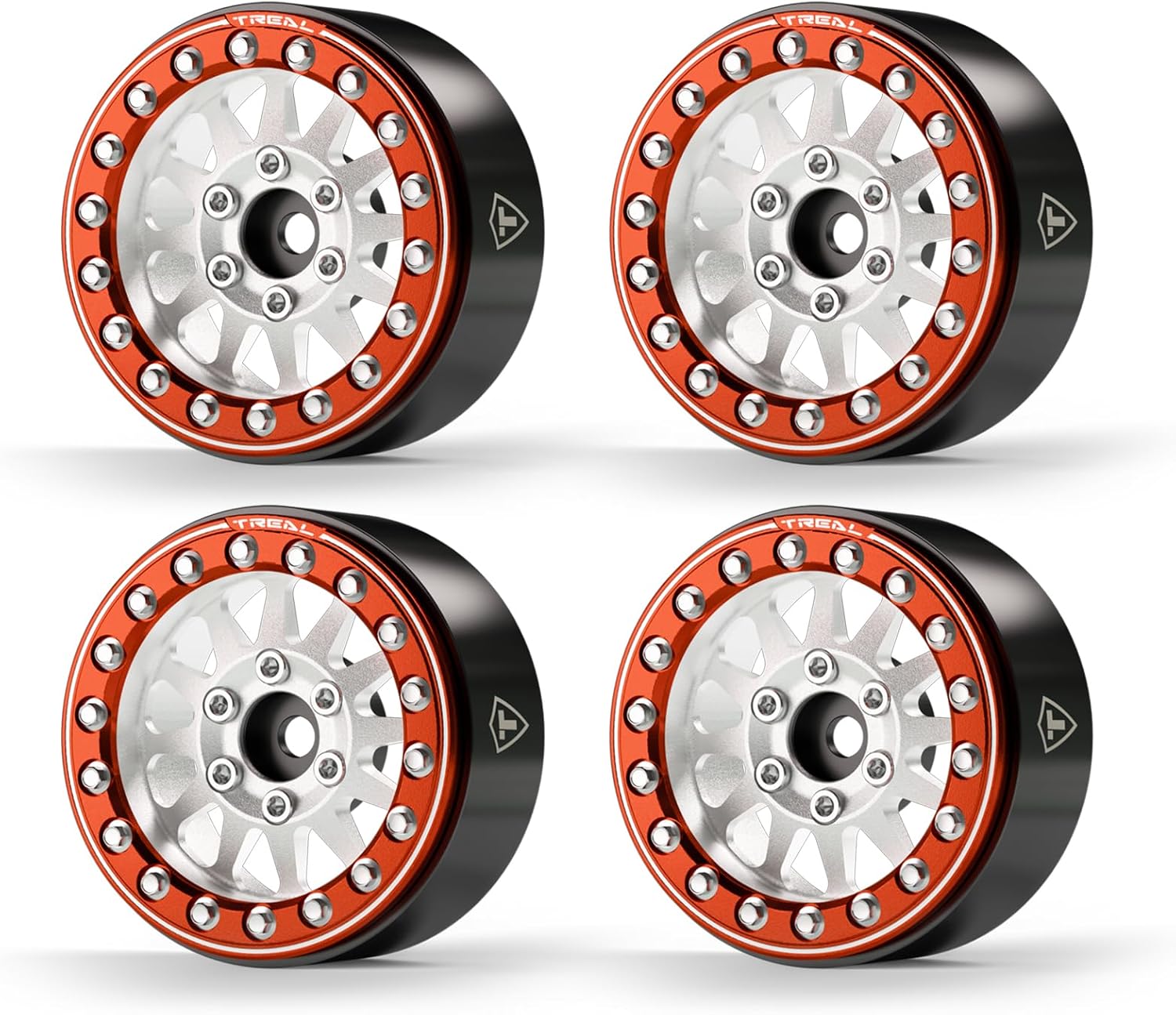 Treal 1.9 beadlock wheels (4P-Set) Alloy Crawler Wheels for 1:10 RC Scale Truck (Silver-Red)
