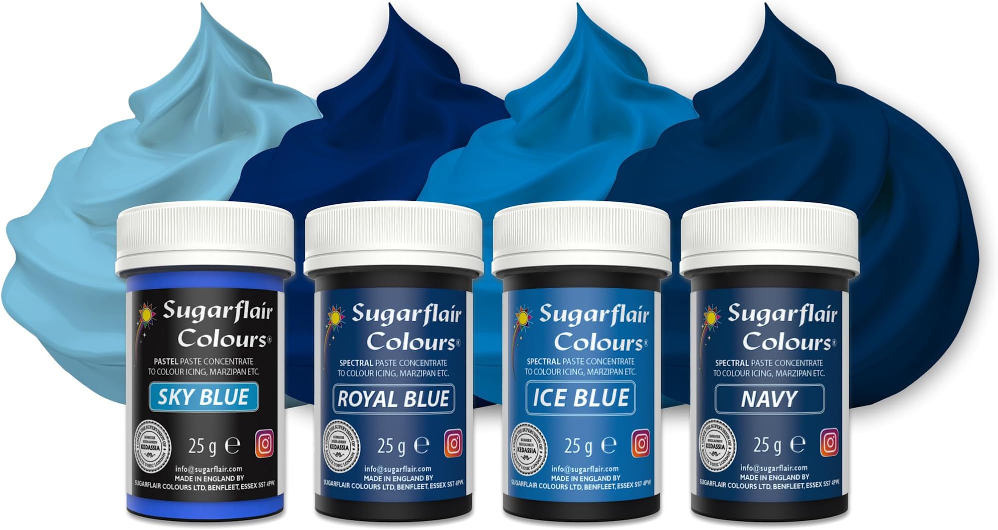 Sugarflair Blue Food Colouring Paste Set 4x 25g - Concentrated Paste Food Dye for Cake Decorating, Fondant, Buttercream, Cake Batter and More - Vegan, Kosher, Bake-Stable