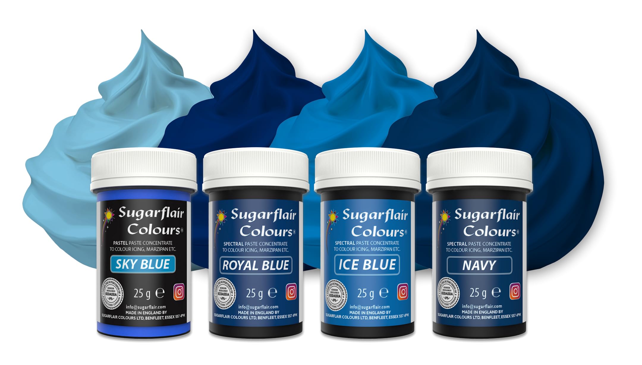 Sugarflair Blue Food Colouring Paste Set - Concentrated Food Colouring for Use with Buttercream, Sugar Paste, Royal Icing or Cake Mixes, Vibrant Colour Food Dye - Multipack 4x 25g