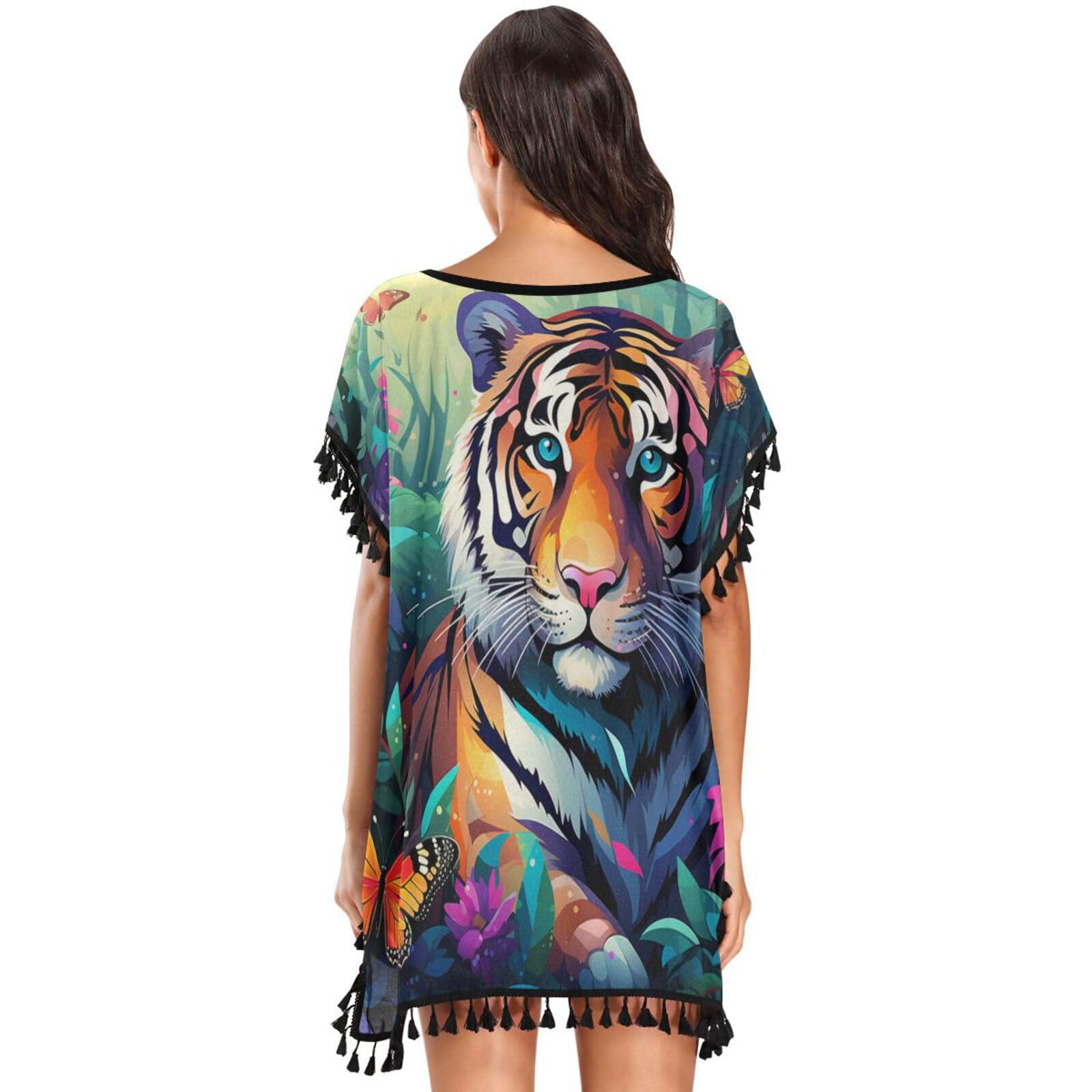 Forest Flower Animals Tigers Women's Beach Cover Up Chiffon Tassel Swimwear Swimsuit Coverups for Girl