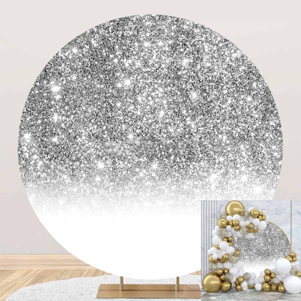 OERJU Silver Glitter Starlight Round Backdrop Cover Fabric - Wedding, Baby Shower & Birthday Party Decoration - 7.2x7.2ft