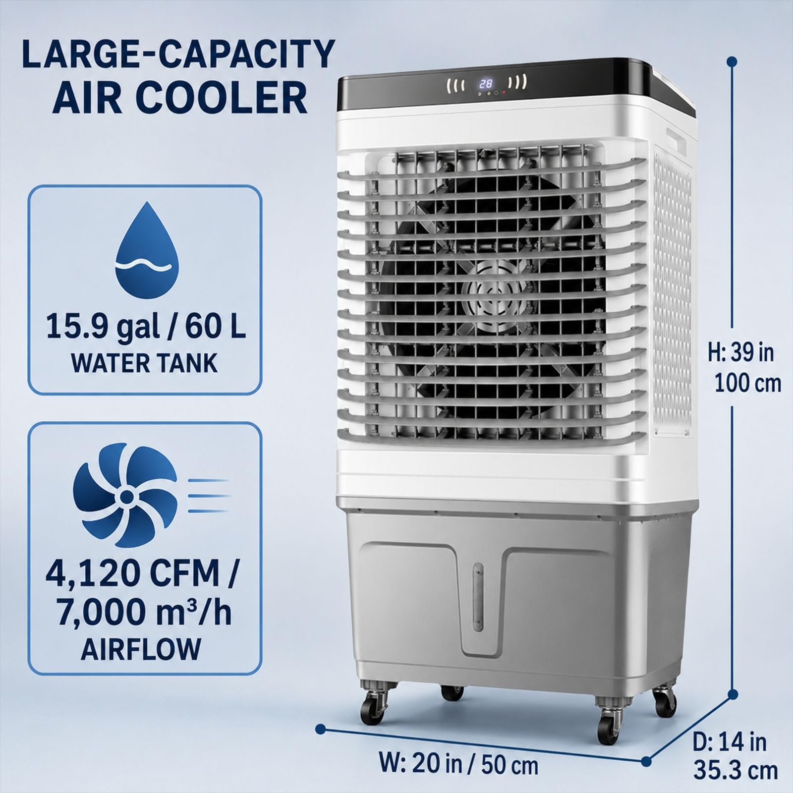 Climatizador Evaporativo Grande, 7000 m³/h con Depósito de 60 L, 8 Acumuladores de Frío, Oscilación 120°, 3 Velocidades, Mando a Distancia, Temporizador 7 h para Garaje, Patio, Hogar