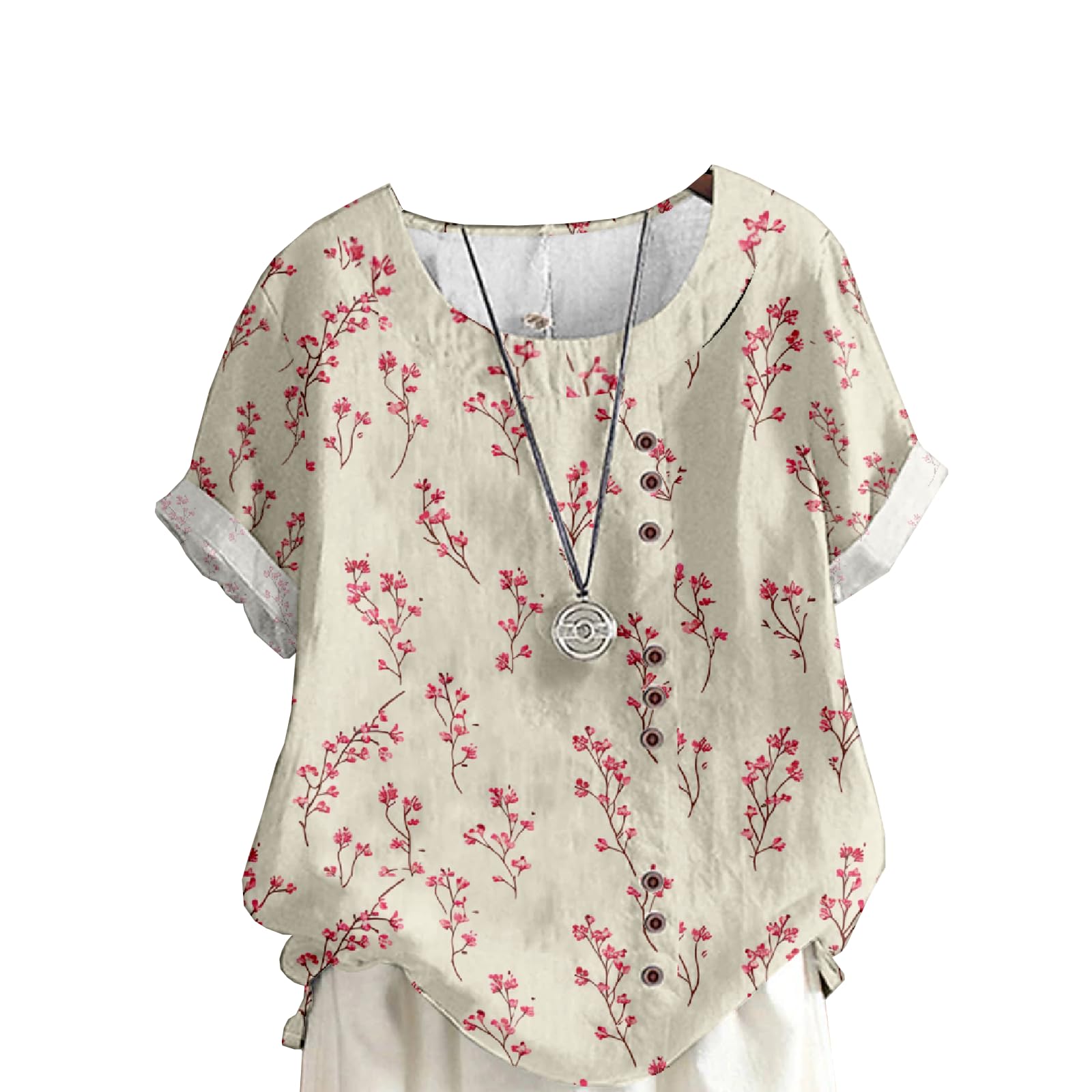 Summer Tops for Women Boho Floral Printed Casual Short Sleeve Button Linen Shirts Loose Fit Retro Graphic T Shirt