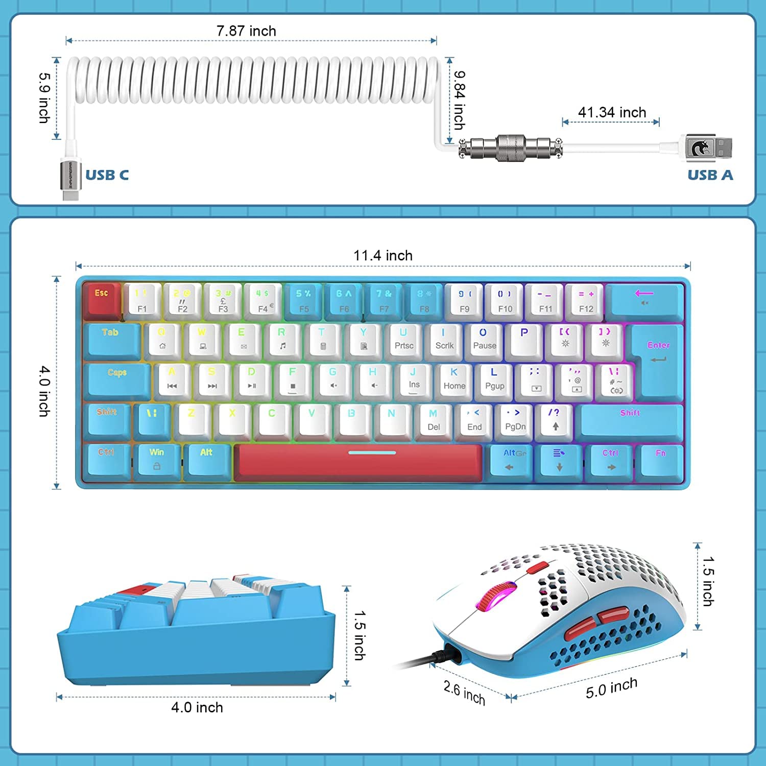 ZIYOU LANG T60 Teclado y Ratón para Juegos con Cable USB C en Espiral, UK Layout (QWERTY) Compact 60% Iluminado Teclado Mecánico Linear Rojo Switch-6400dpi RGB Mouse para PC Mac - Azul