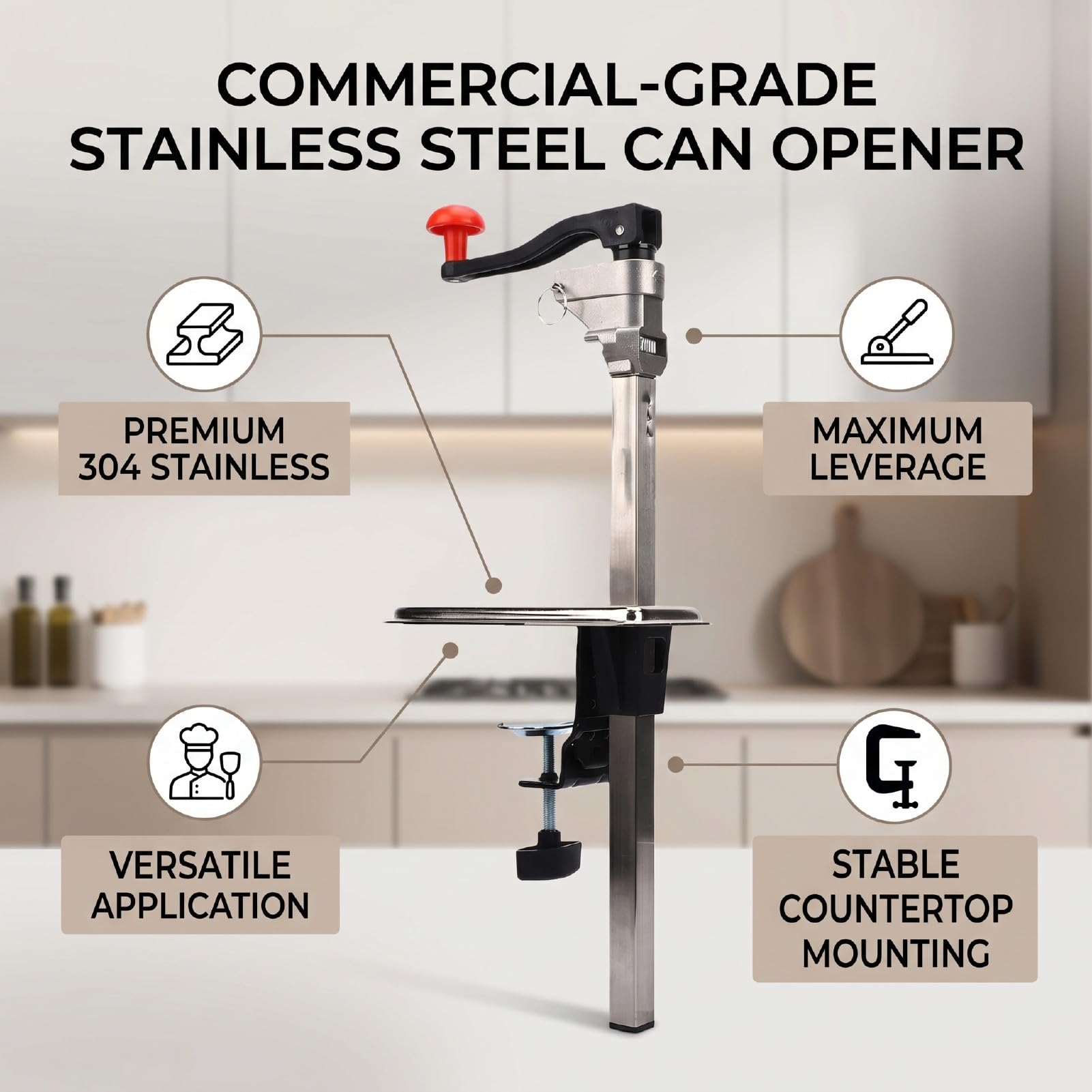 AMONIDA Apriscatole Manuale in Acciaio Inox 55 Cm per | Montaggio manuale da tavolo, Base avvitata, Acciaio inossidabile 304, Leva per carichi pesanti, Rilascio sicuro della