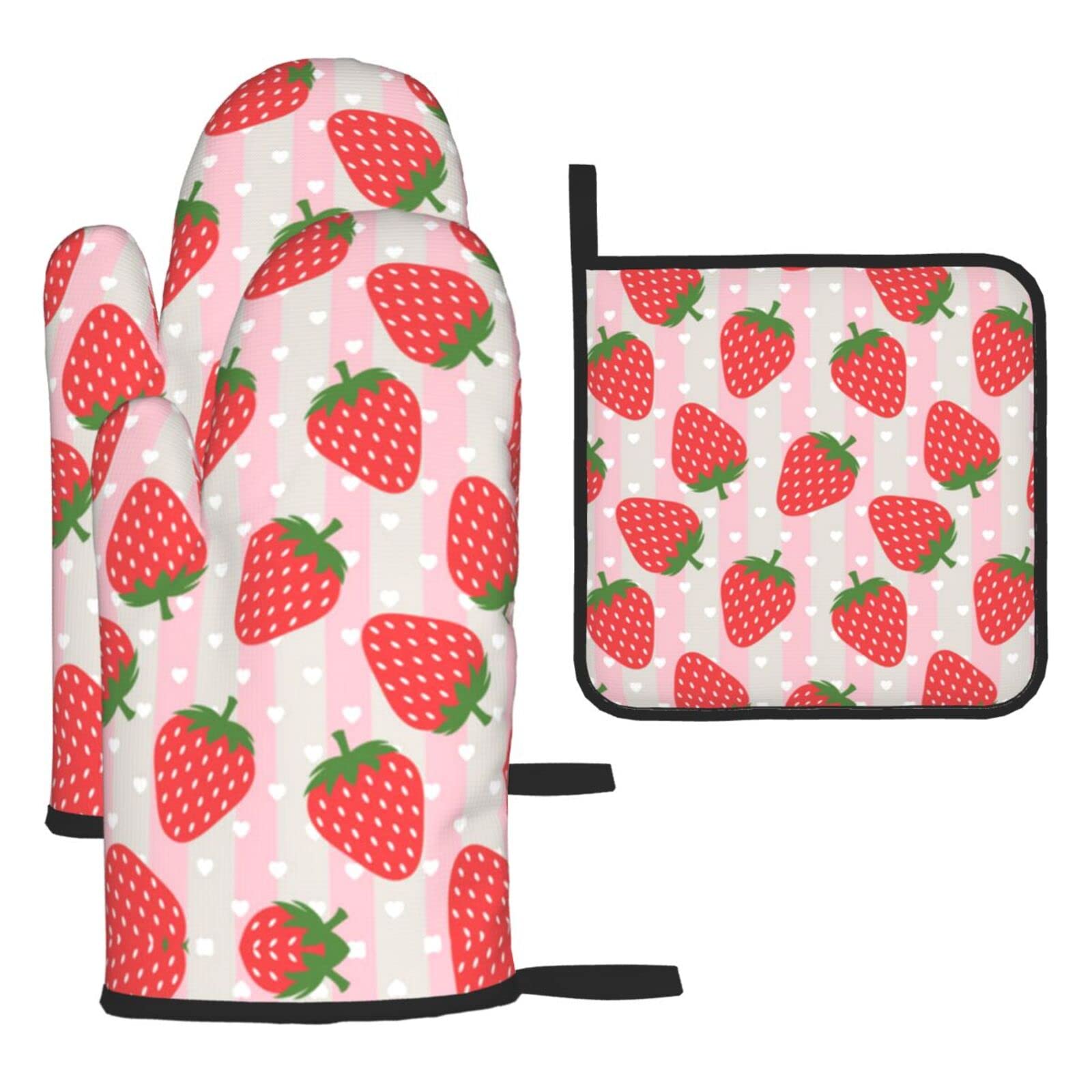 Strawberry Oven Mitts and Pot Holder Kitchen Set for Grilling, Cooking, Baking, Heat Resistant